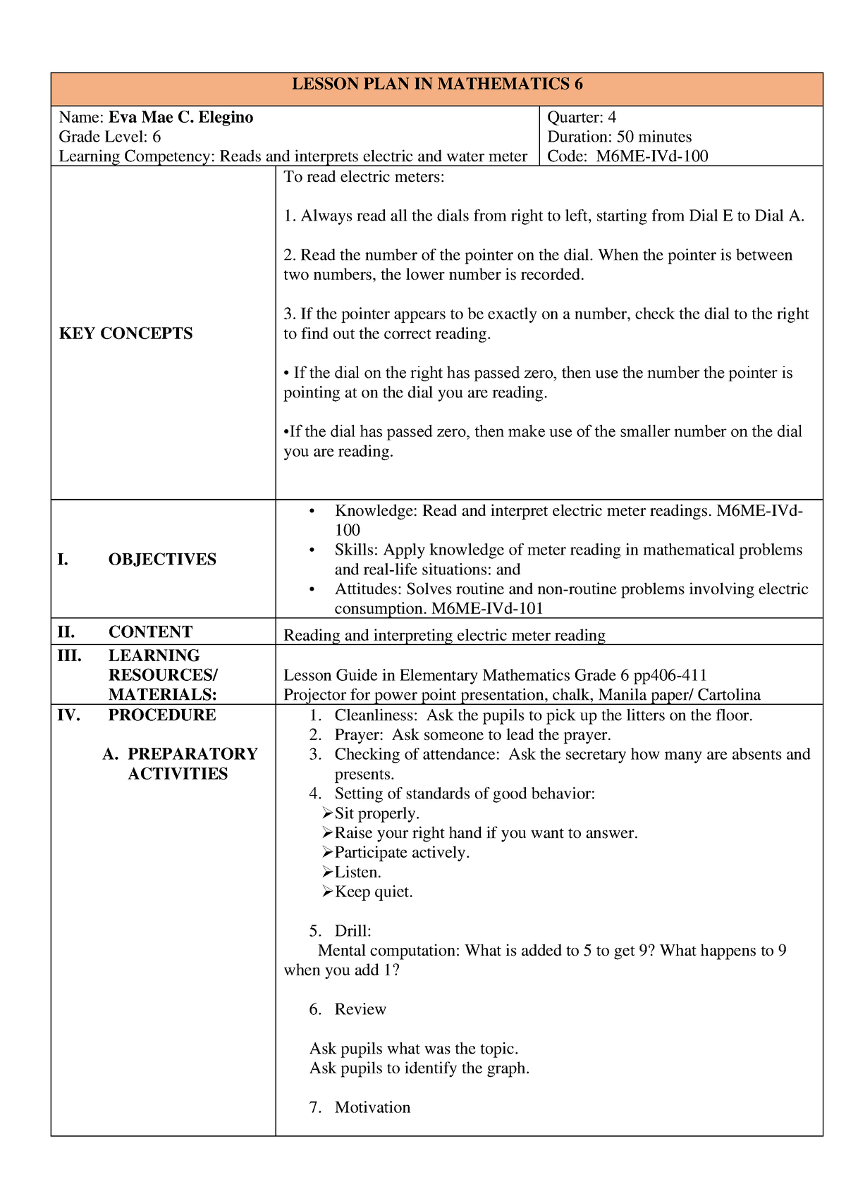 Electric Lesson PLAN IN Mathematics 6 - LESSON PLAN IN MATHEMATICS 6 ...