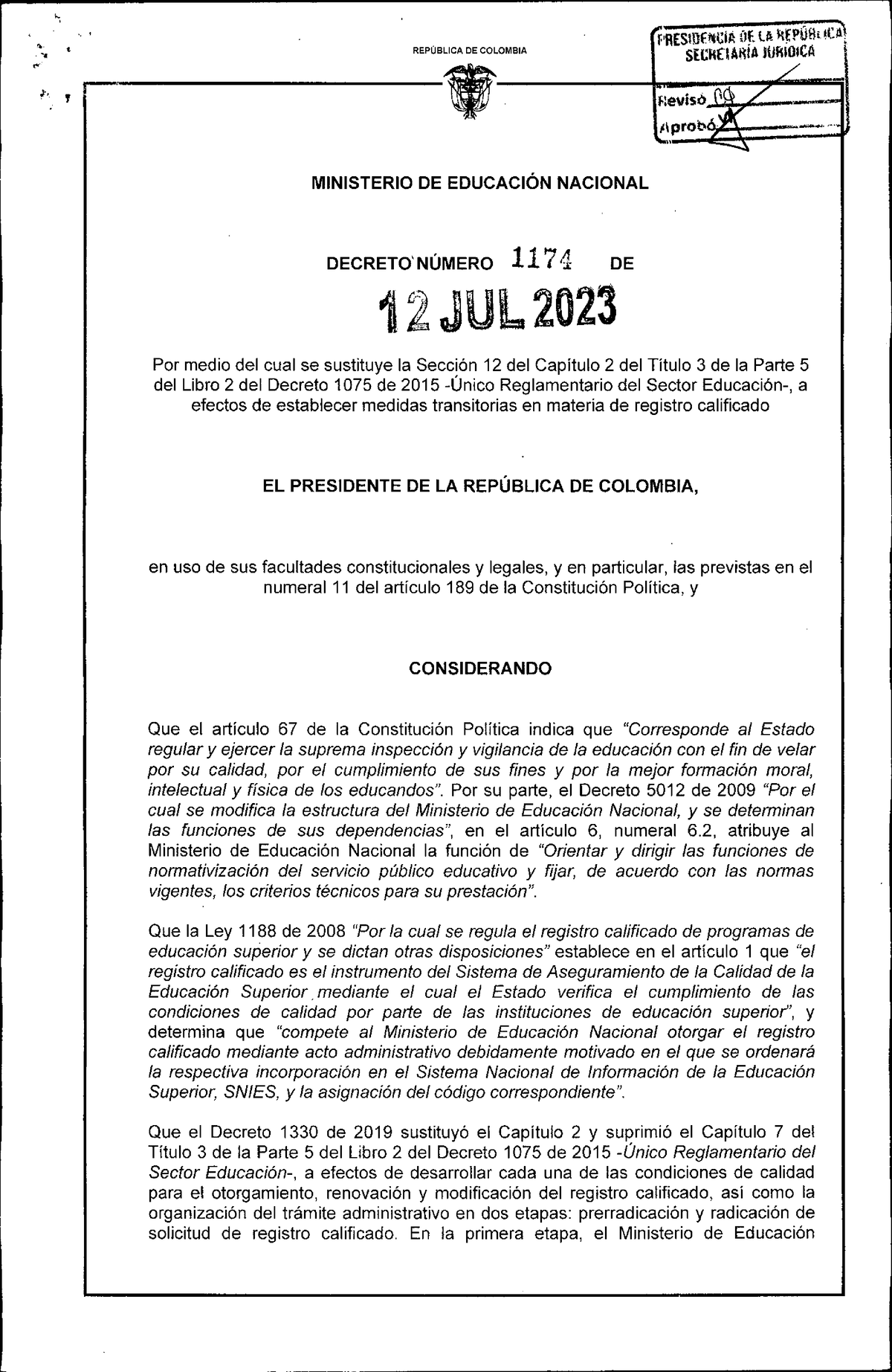 Decreto 1174 Del 12 De Julio De 2023 - Vigencia RC - Desarrollo E ...