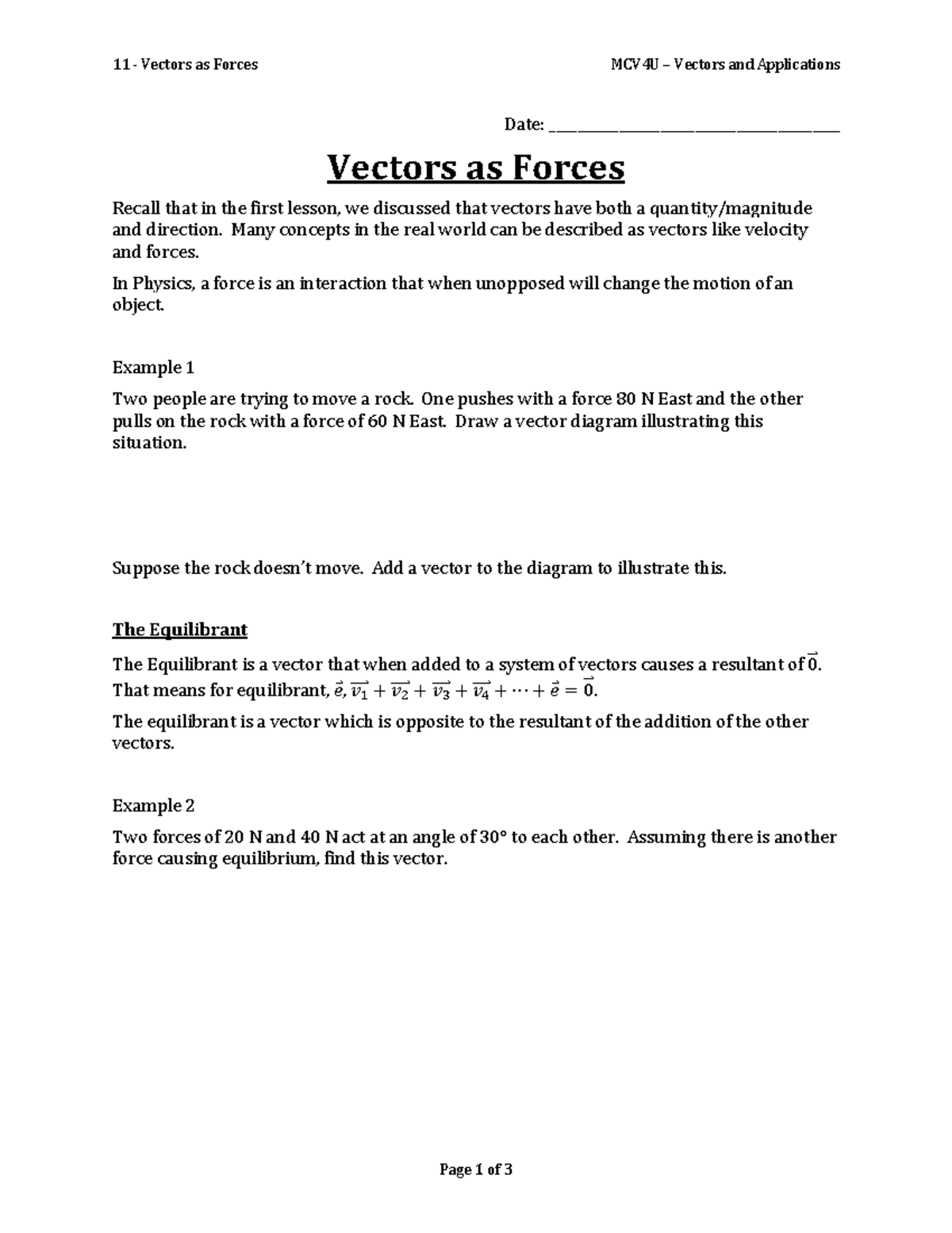 11 - Vectors as Forces - Notes - 11 - Vectors as Forces MCV4U – Vectors ...