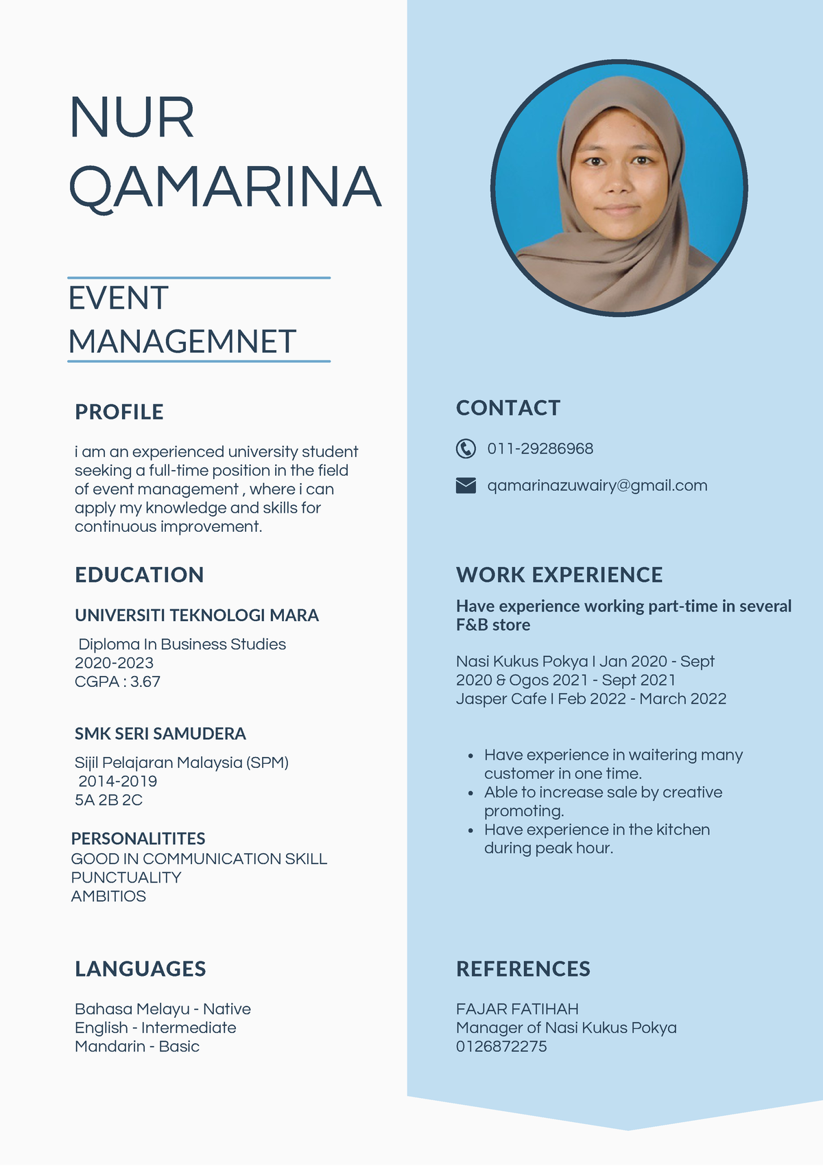 Resume and Cover Letter NUR Qamarina - 011- qamarinazuwairy@gmail NUR ...