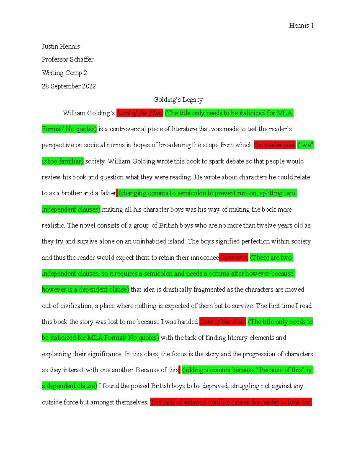 Literary Critique Rewrite - Justin Hennis Professor Schaffer Writing 