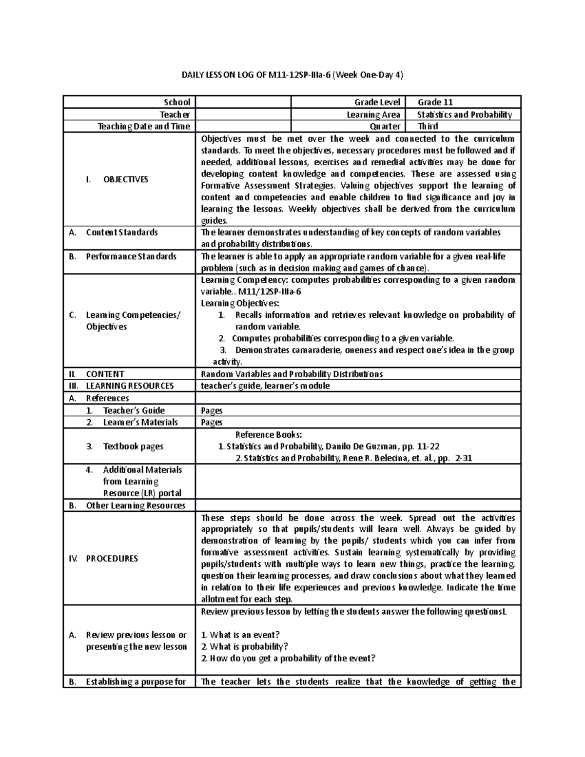 SP III-4 - lesson - DAILY LESSON LOG OF M11-12SP-IIIa-6 (Week One-Day 4 ...