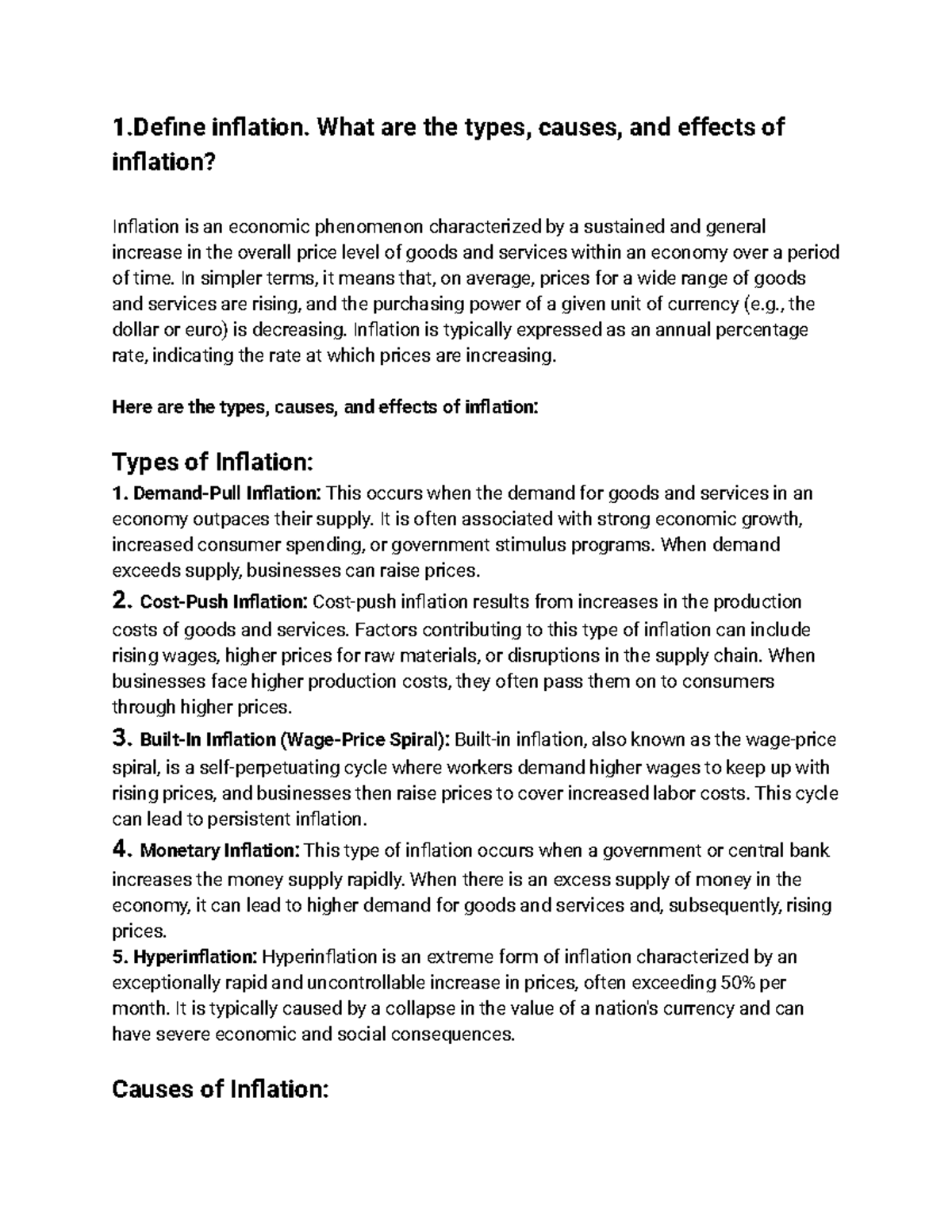Define Inflation 1 inflation. What are the types, causes, and effects