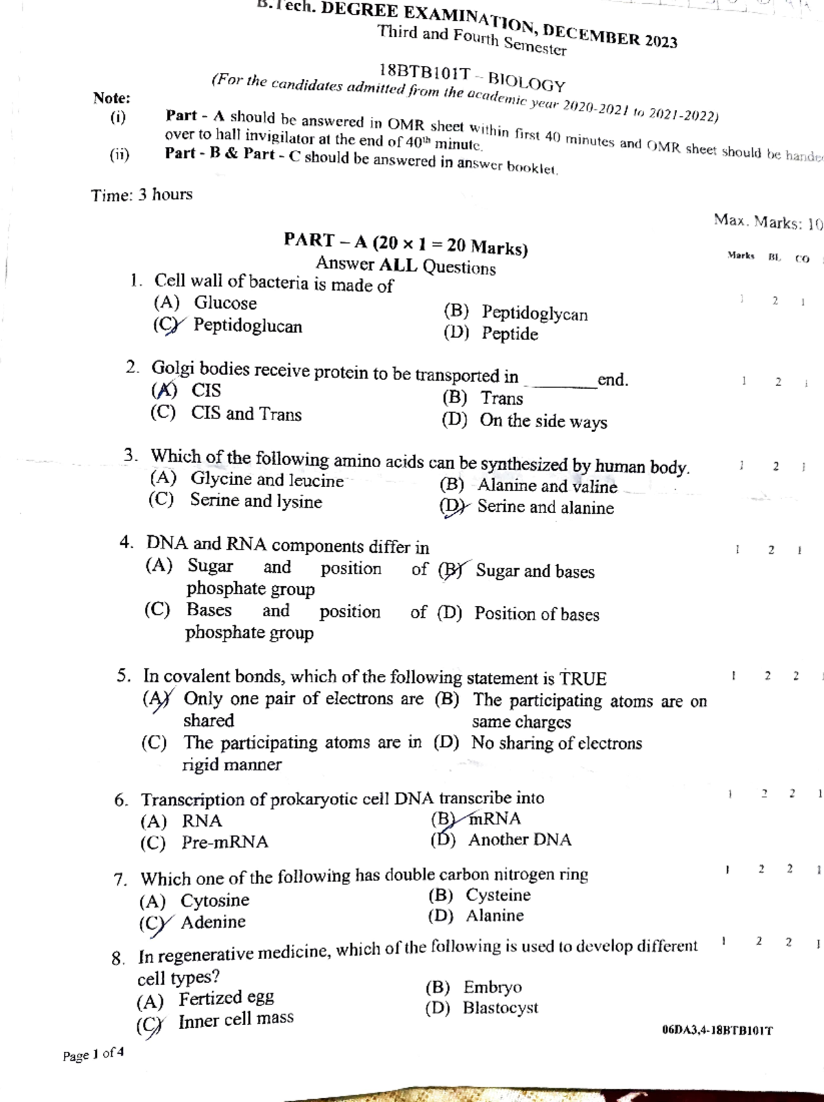 Biology question paper - Note: (i) (ii) Time: 3 hours Tech. DEGREE ...