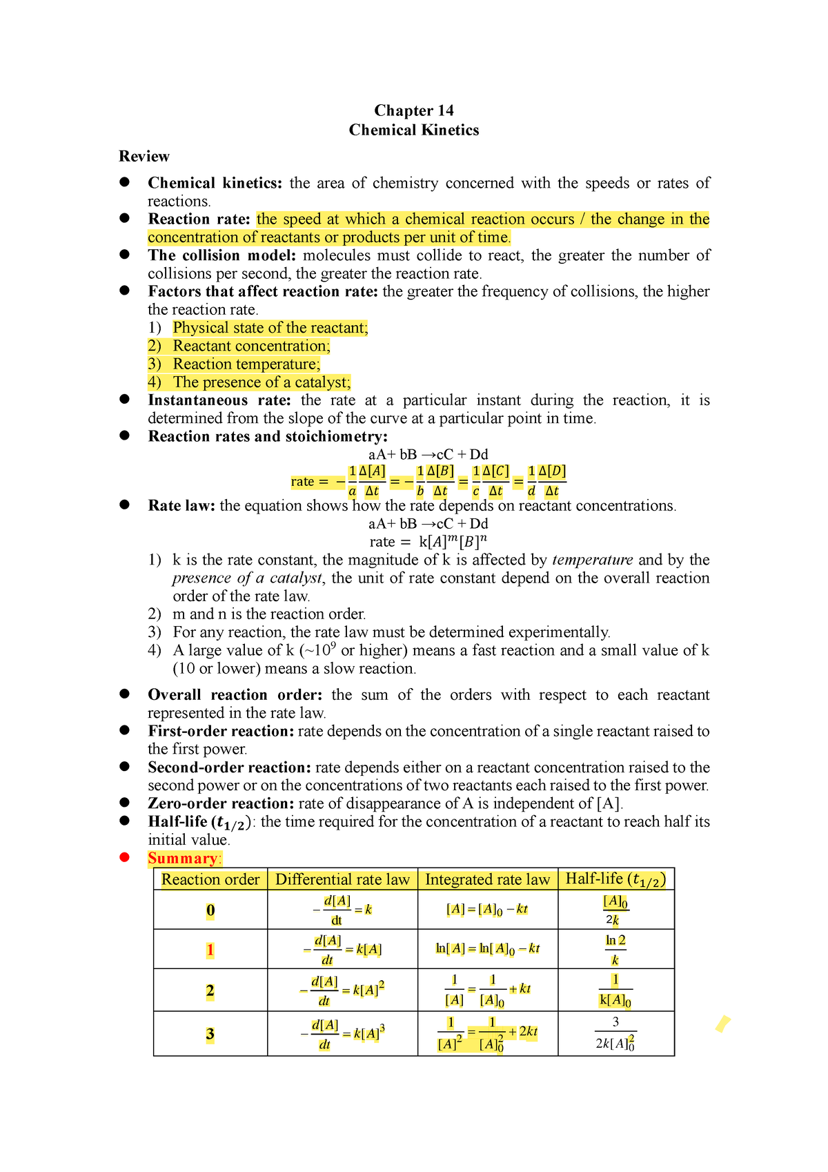 Review-chapter 14 Chemical Kinetics - Chapter 14 Chemical Kinetics ...