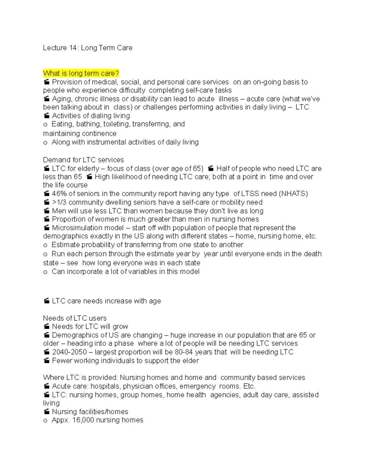Econ 493 Lecture Notes 3 Lecture 14 Long Term Care What Is Long