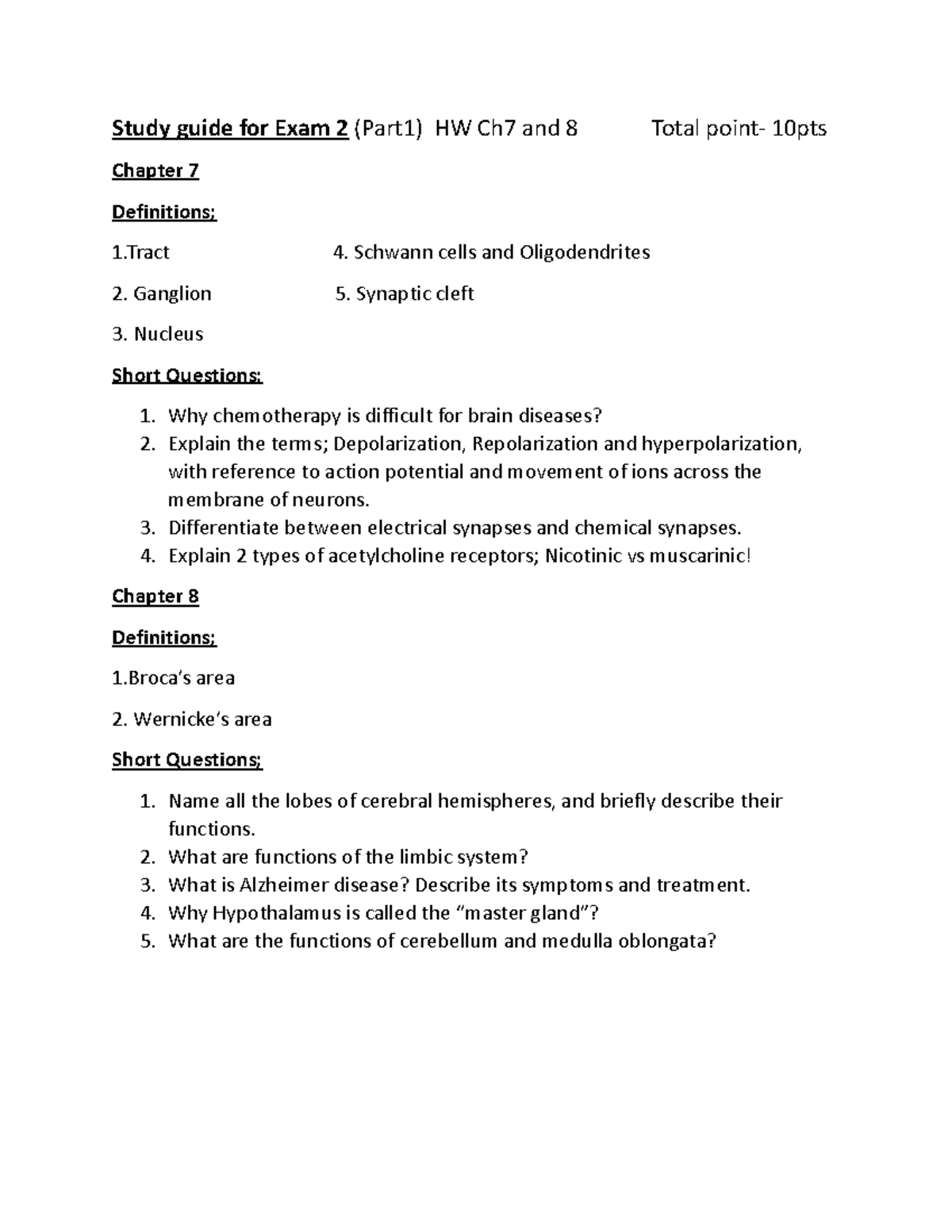 HW (Ch7 and 8) - exam study guide - Study guide for Exam 2 (Part1) HW ...