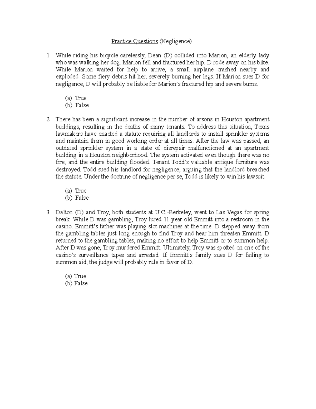 Practice+Questions+%28Negligence%29 - Practice Questions (Negligence ...