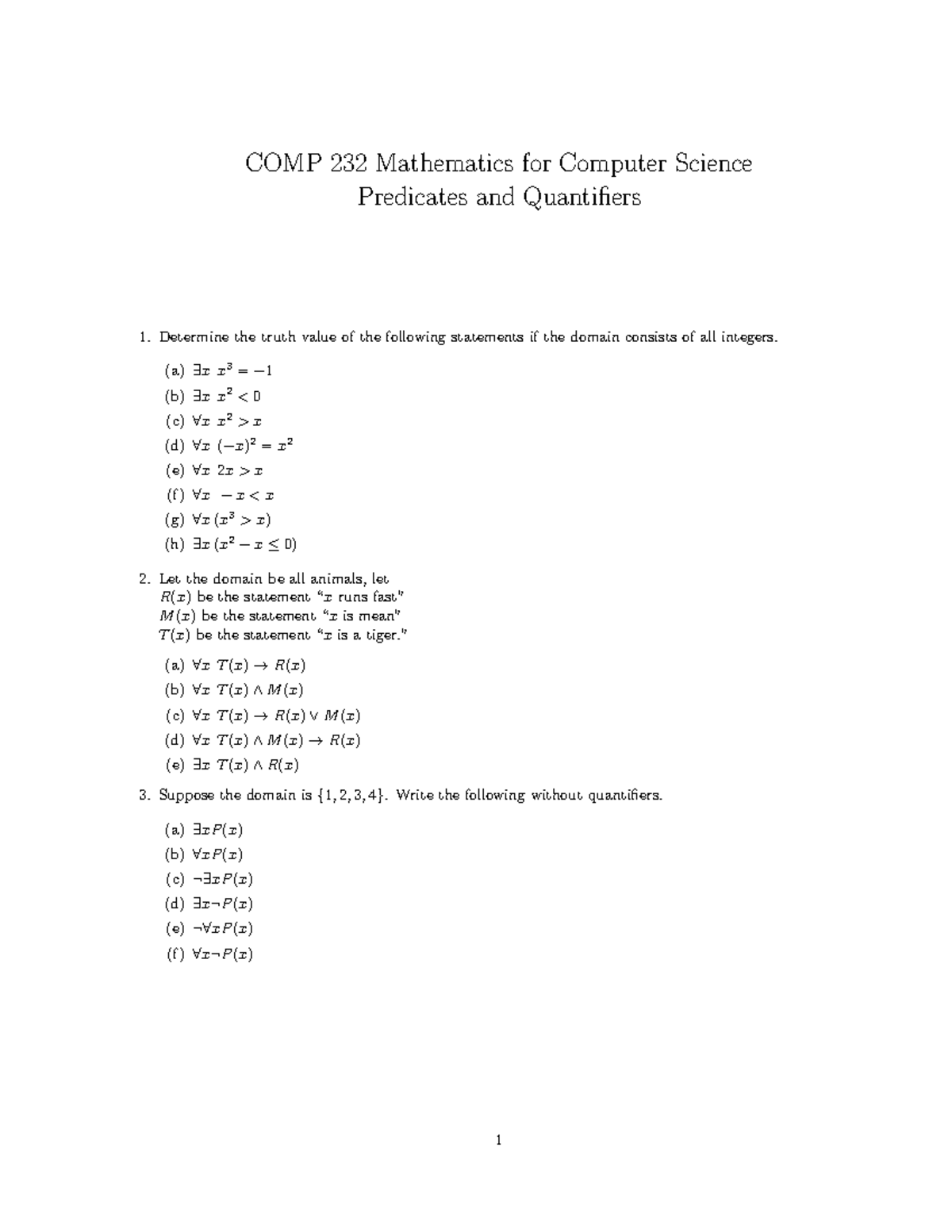 predicate logic - COMP 232 Mathematics for Computer Science Predicates ...