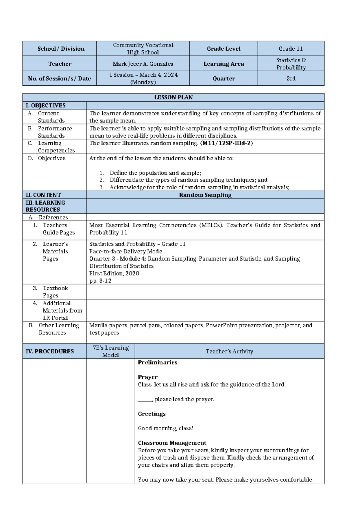 MAR 4 S&P Week 5 Session 1 Random Sampling 7E Semi DLP - School ...