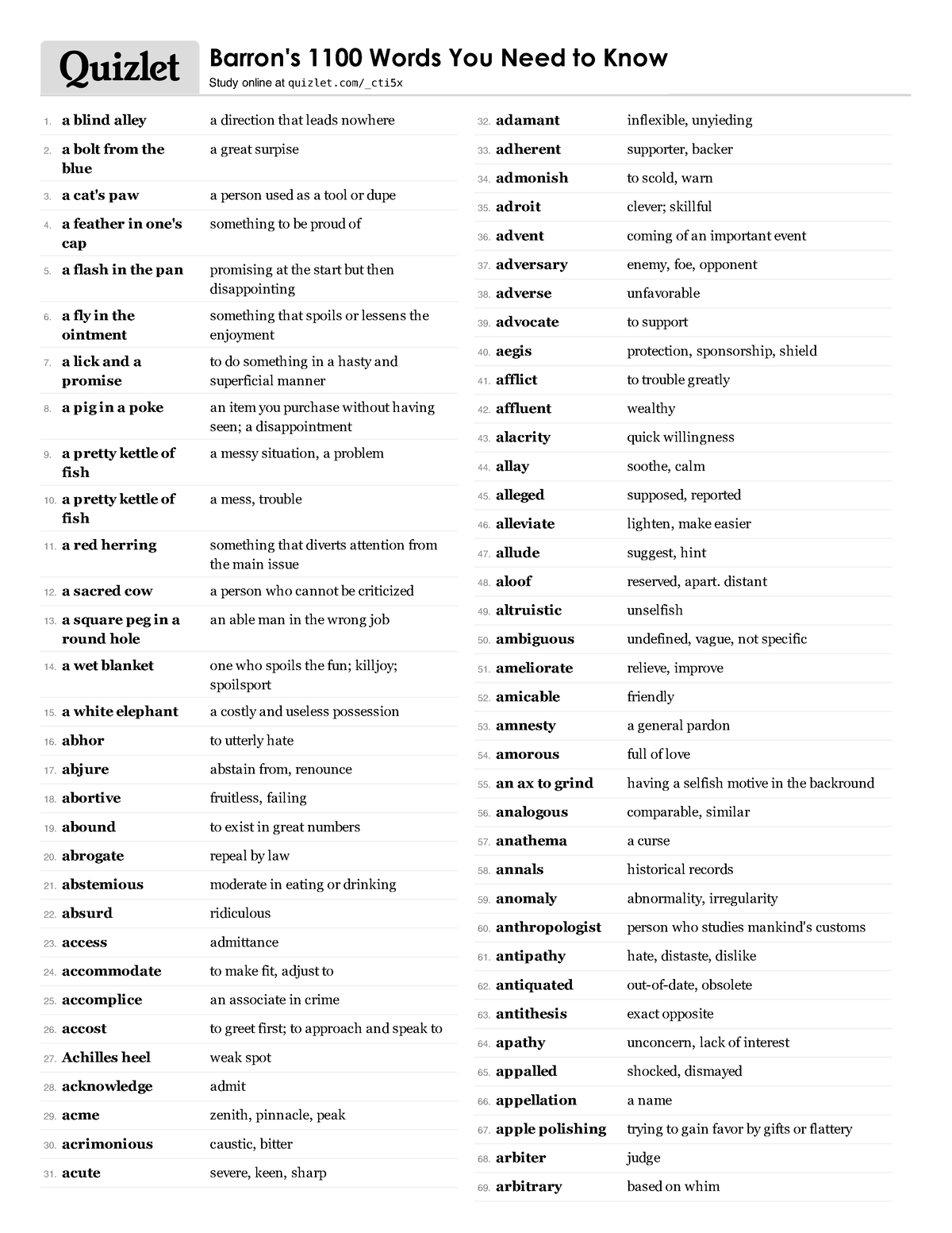 Barron s 1100 Words You Need table - 1. a blind alley a direction that ...