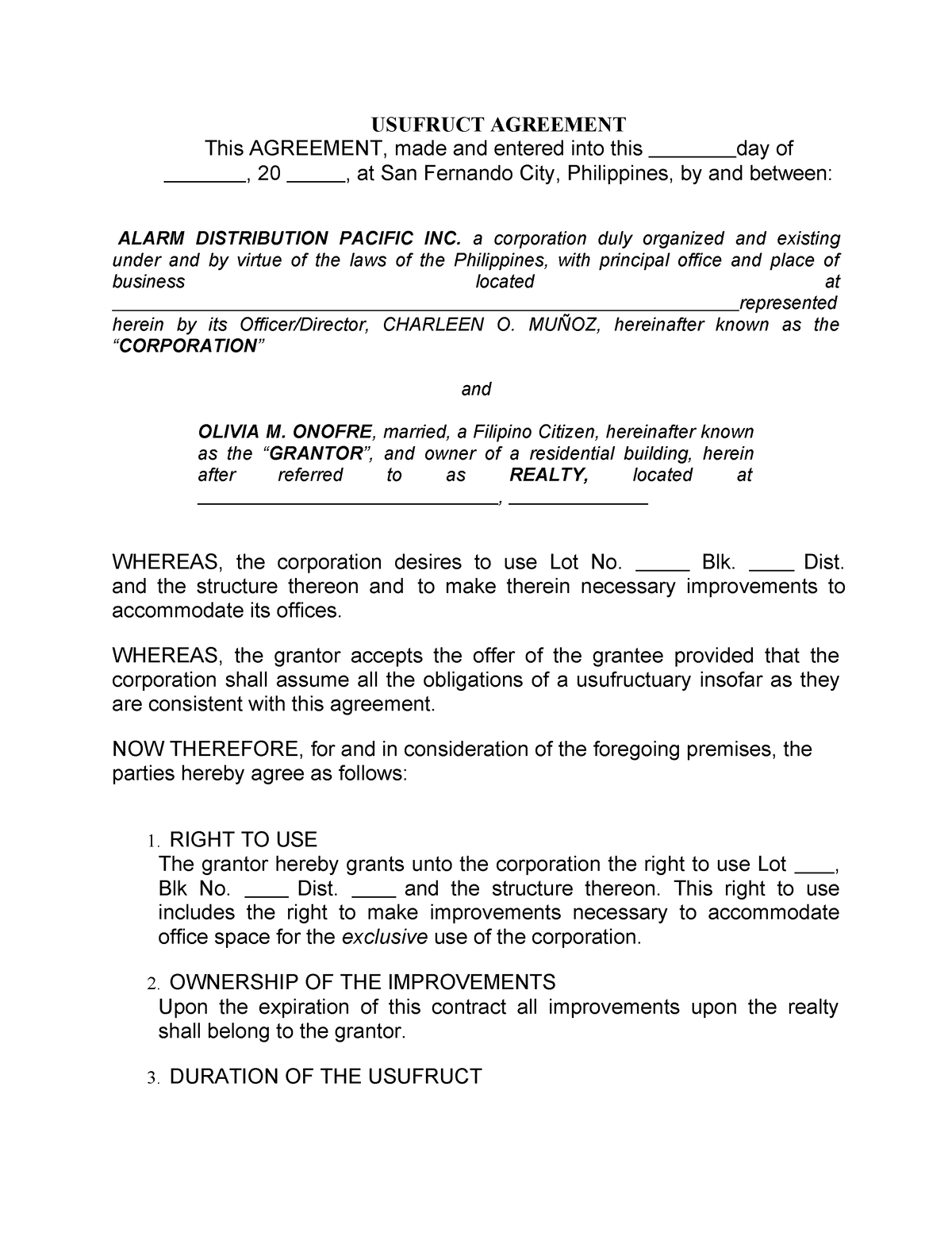 Usufruct-agreement - Agreeement - USUFRUCT AGREEMENT This AGREEMENT ...