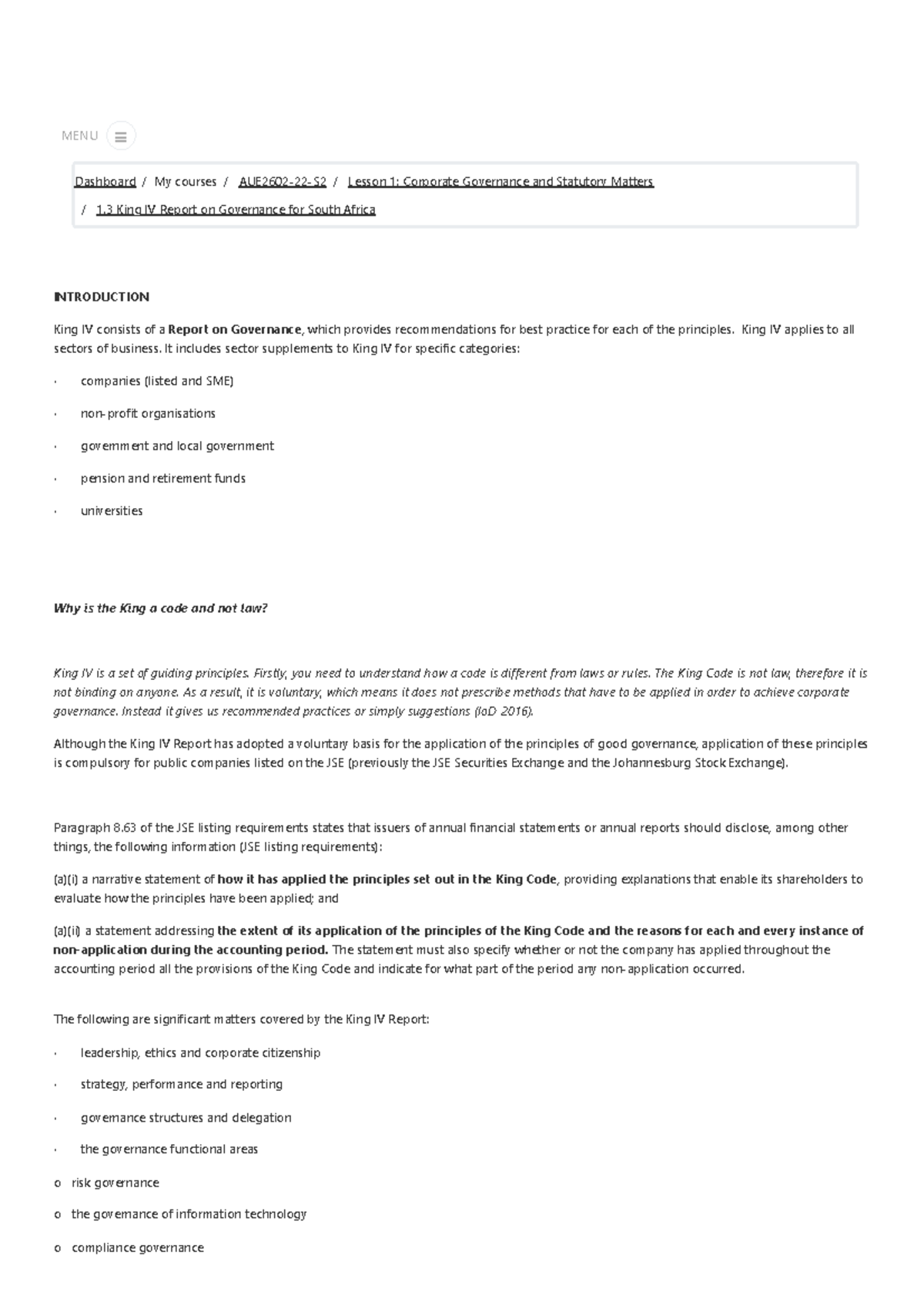 AUE2602-22-S2 1.3 King IV Report on Governance for South Africa - 1 ...