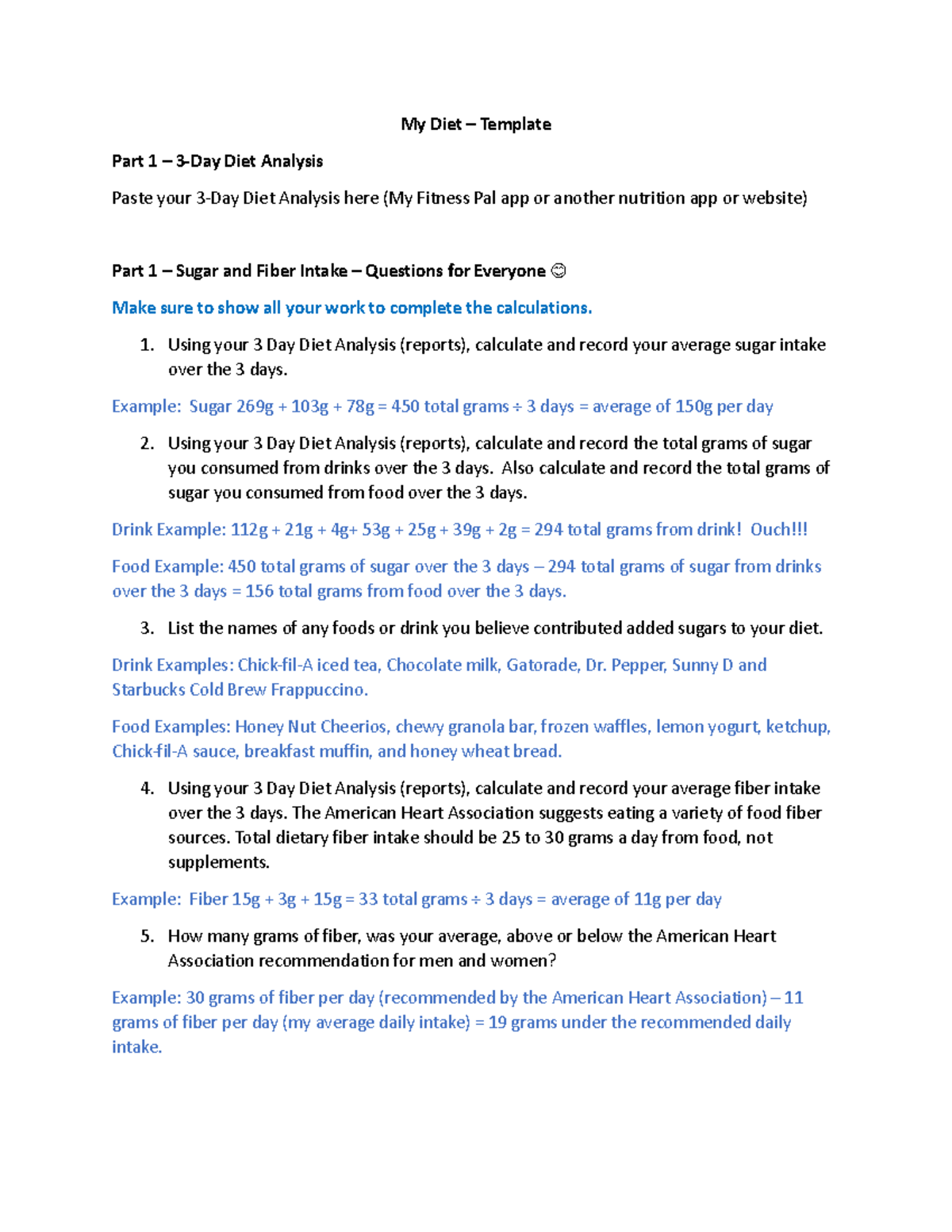 My Diet - Template - Summer 20233 - My Diet – Template Part 1 – 3-Day ...