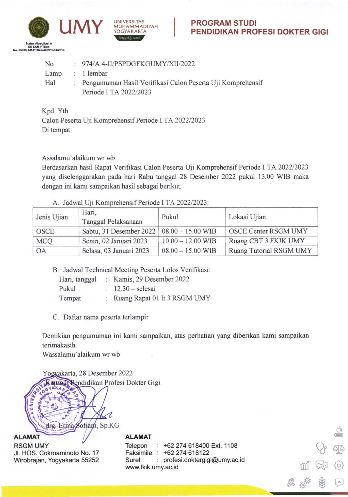 974 Pengumuman Hasil Verifikasi Calon Peserta UJI Komprehensif Periode I TA 2022 2023 A UMY