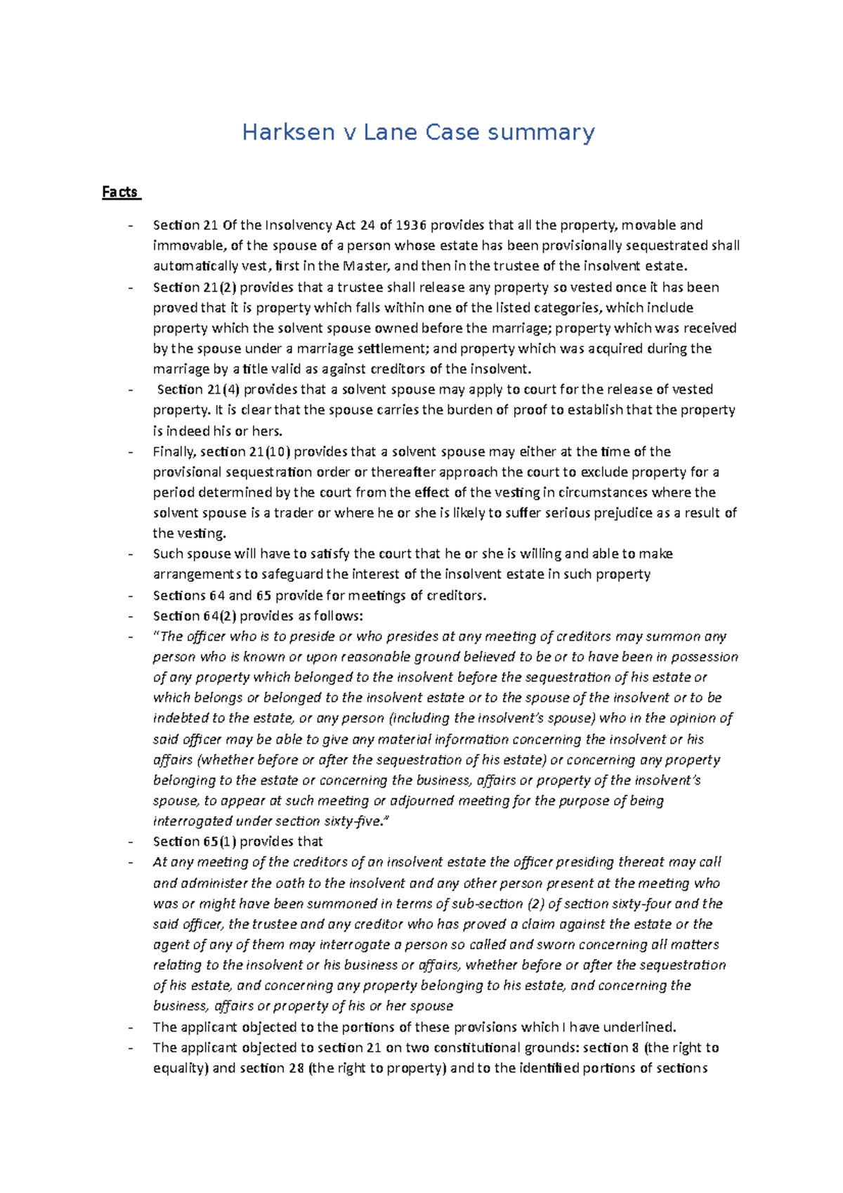 Harksen v Lane Case summary Harksen v Lane Case summary Facts Section