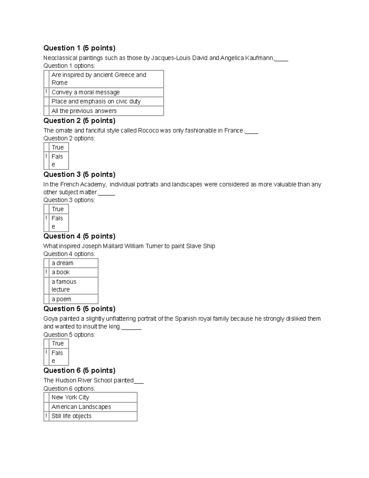 Art Quiz Quiz 3 professor Mandall correct questions and answers grade