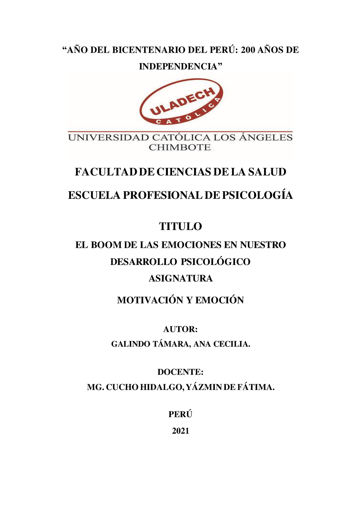 Ensayo DE LAS Emociones - Motivación Y Emoción - Actividad N° 15