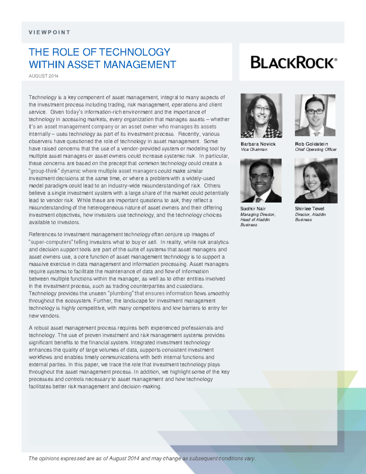 TECH IN AM - NOTES - THE ROLE OF TECHNOLOGY WITHIN ASSET MANAGEMENT ...