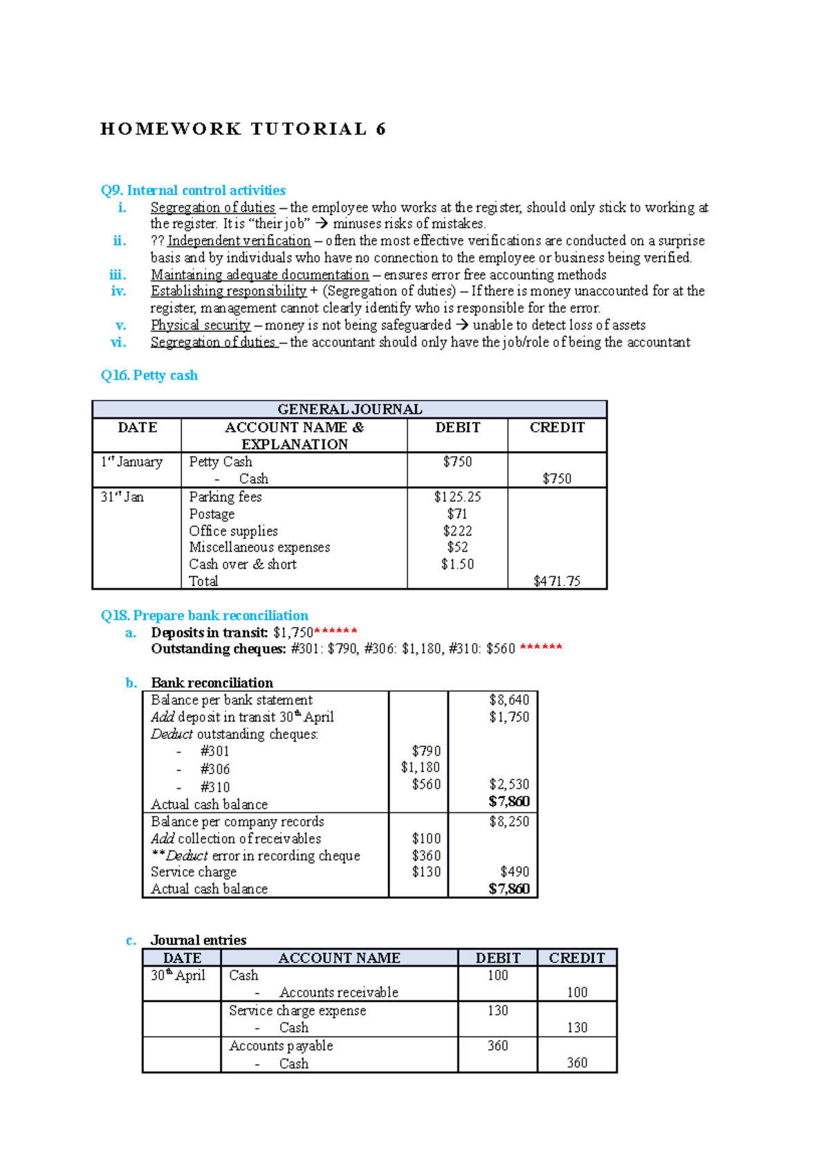 Cash&Internalcontrols accounting a homework - HOMEWORK TUTORIAL 6 Q9 ...