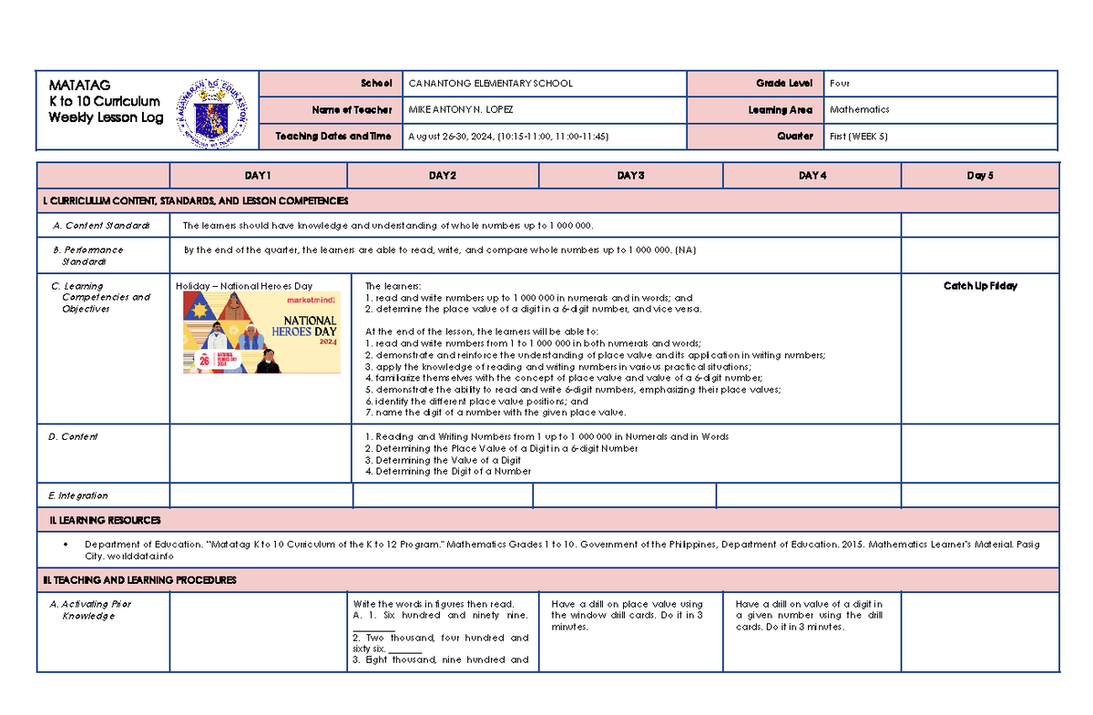 MATH4 Q1 W5 DLL - Daily lesson Log Matatag Curriculum - MATATAG K to 10 ...