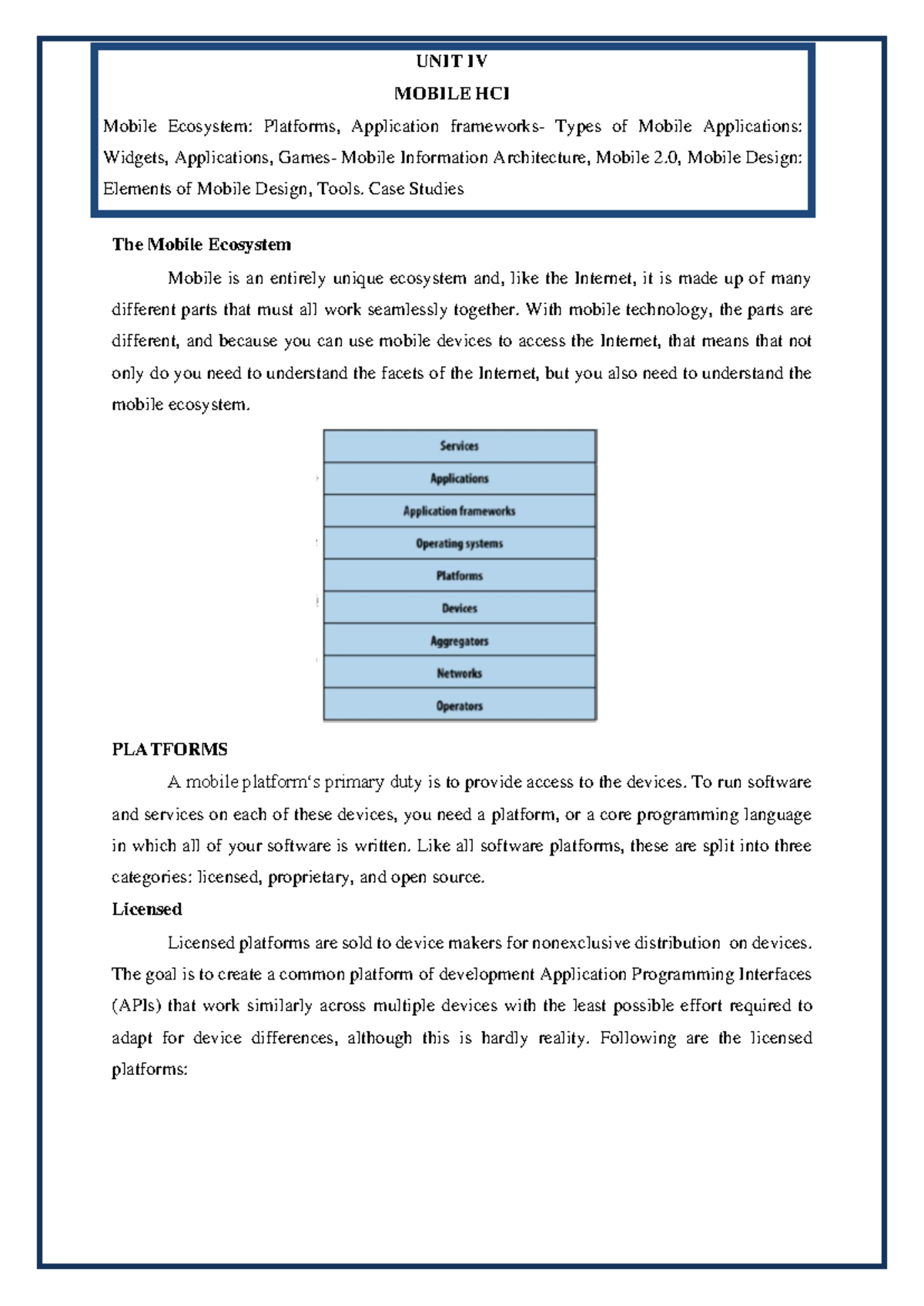 UNIT 4 HCI - Unit 3 HCI Lecture Notes - The Mobile Ecosystem Mobile is ...