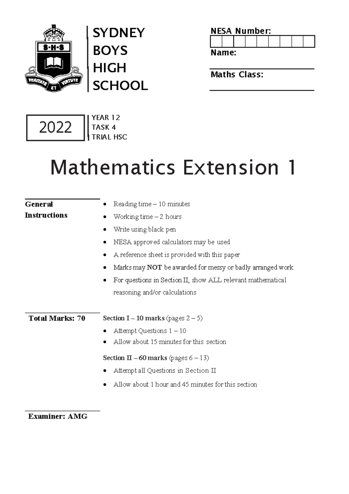 Sydney Boys 2022 Extension 1 Solutions - Sydney Boys High School Year 