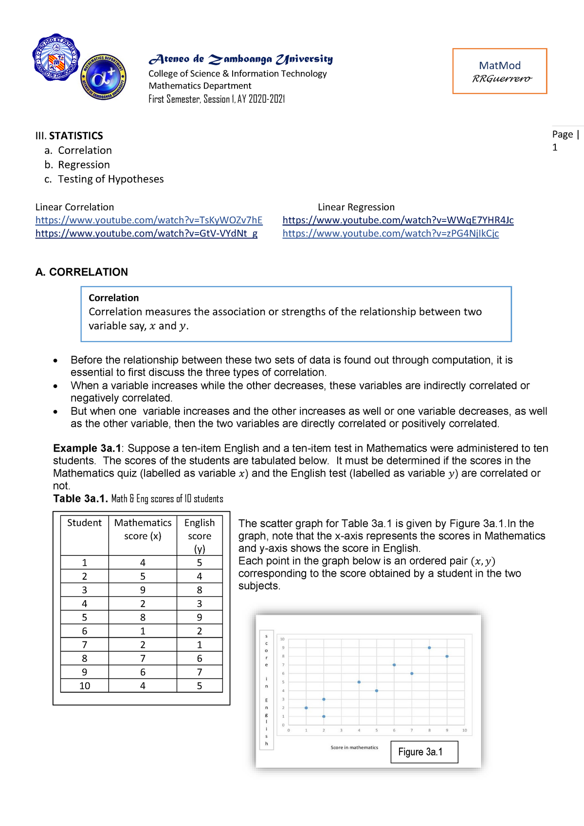 Lecture Notes 4 Correlation - Page | 1 III. STATISTICS A. Correlation B ...