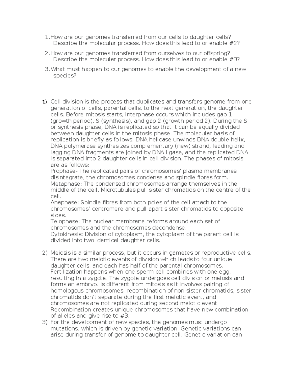 Bio 2581B TUT 1 task 1 - tut 1 - 1 are our genomes transferred from our ...