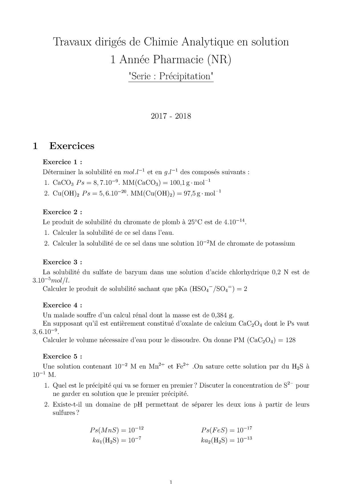 Travaux Dirig S De Chimie Analytique En Solution S Rie Pr Cipitation Travaux Dirig S De