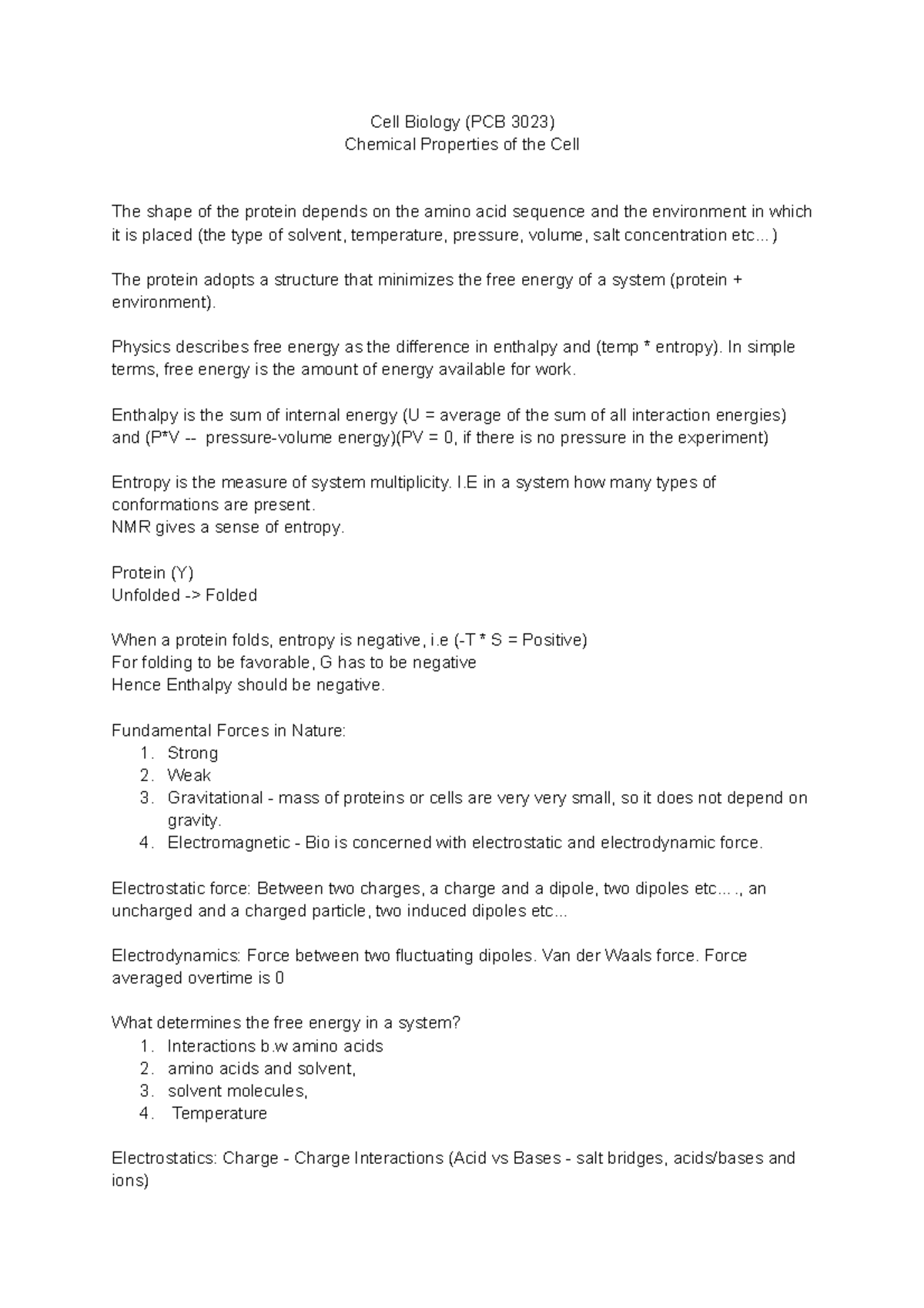 Cell Bio - Lectures 4 and 5 - Cell Biology (PCB 3023) Chemical ...