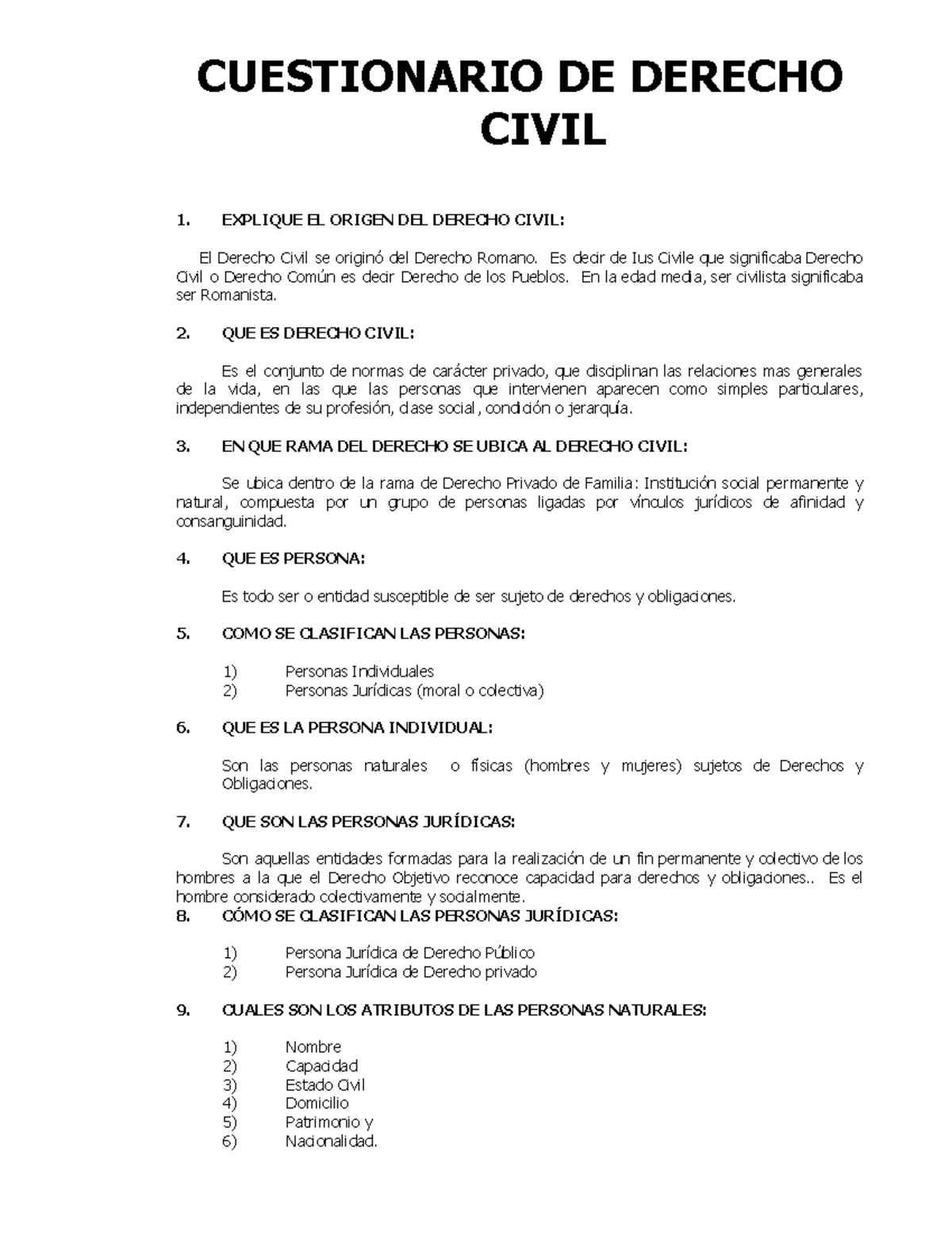 Cuestionario DE Derecho Civil - CUESTIONARIO DE DERECHO CIVIL 1 ...