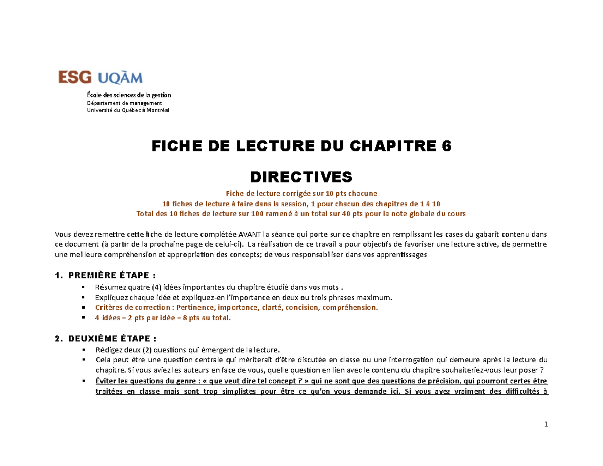 06 Fiche de lecture - FICHE DE LECTURE DU CHAPITRE 6 DIRECTIVES Fiche
