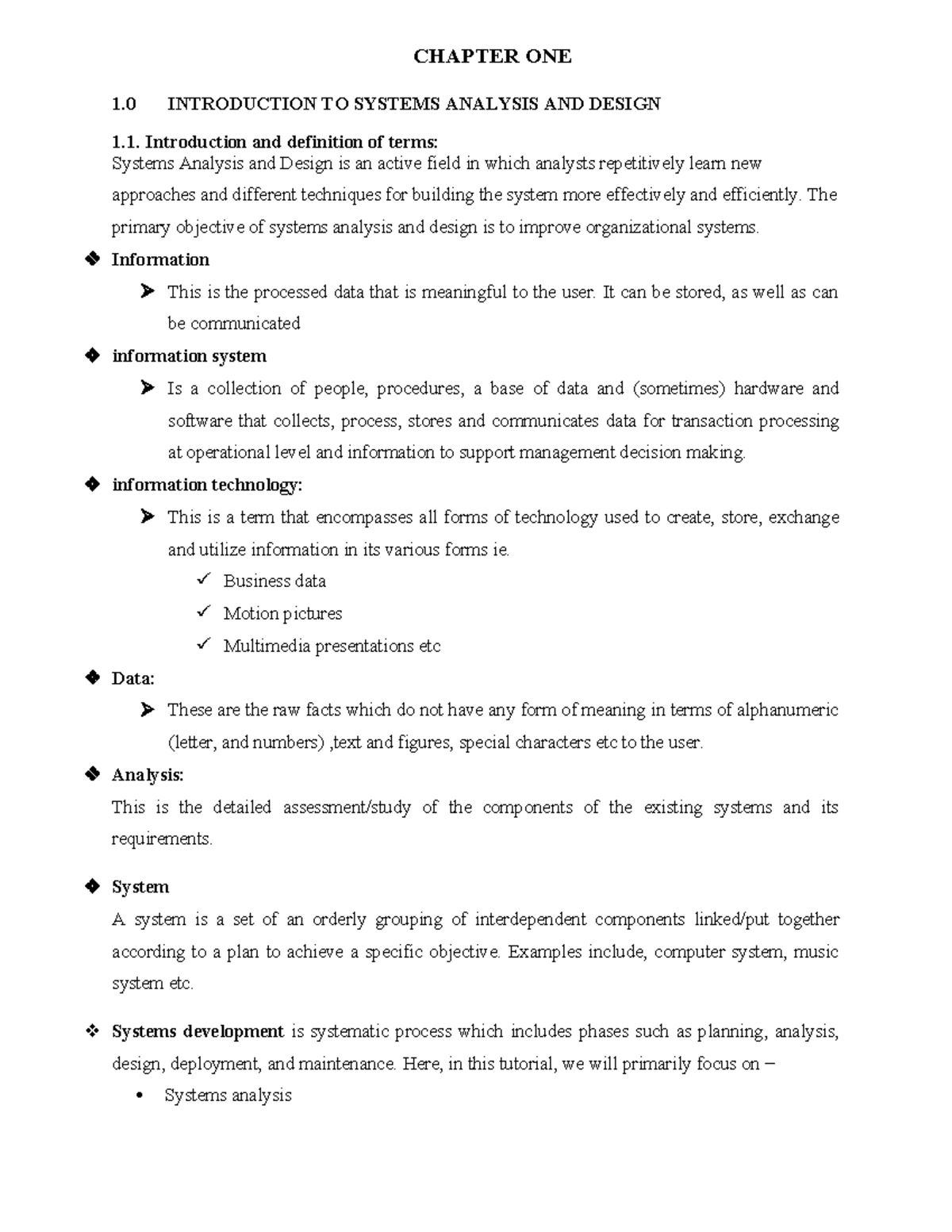 Chapter ONE Introduction TO SAD - CHAPTER ONE 1 INTRODUCTION TO SYSTEMS ...