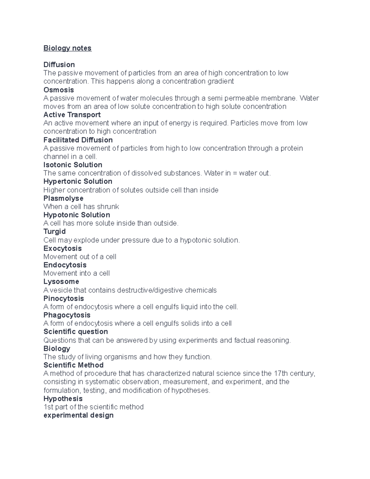 Bio notes - biology definitions - Biology notes Diffusion The passive ...