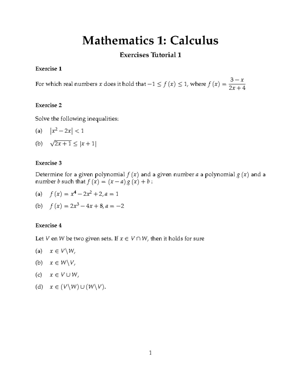 Math1Calculus - Tutorial 1 - Mathematics 1: Calculus Exercises Tutorial ...