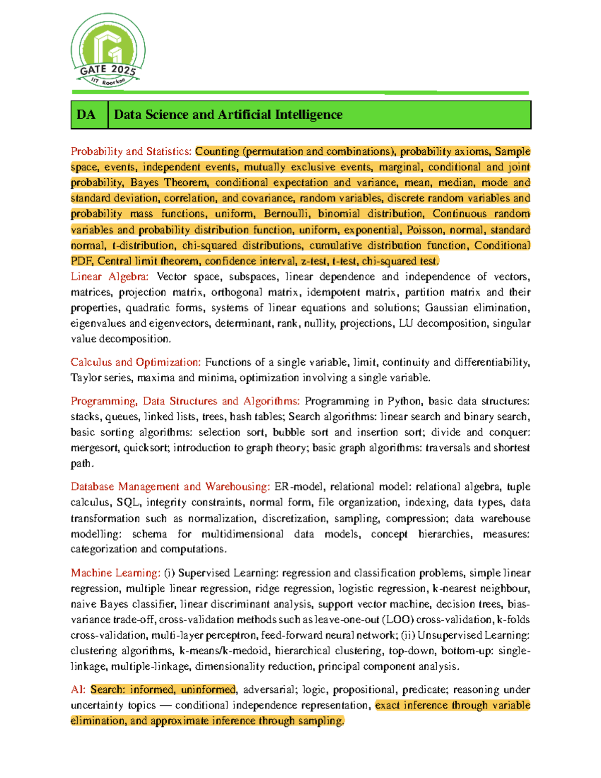 GATE DA 2025 Syllabus - CN Notes - DA Data Science and Artificial ...