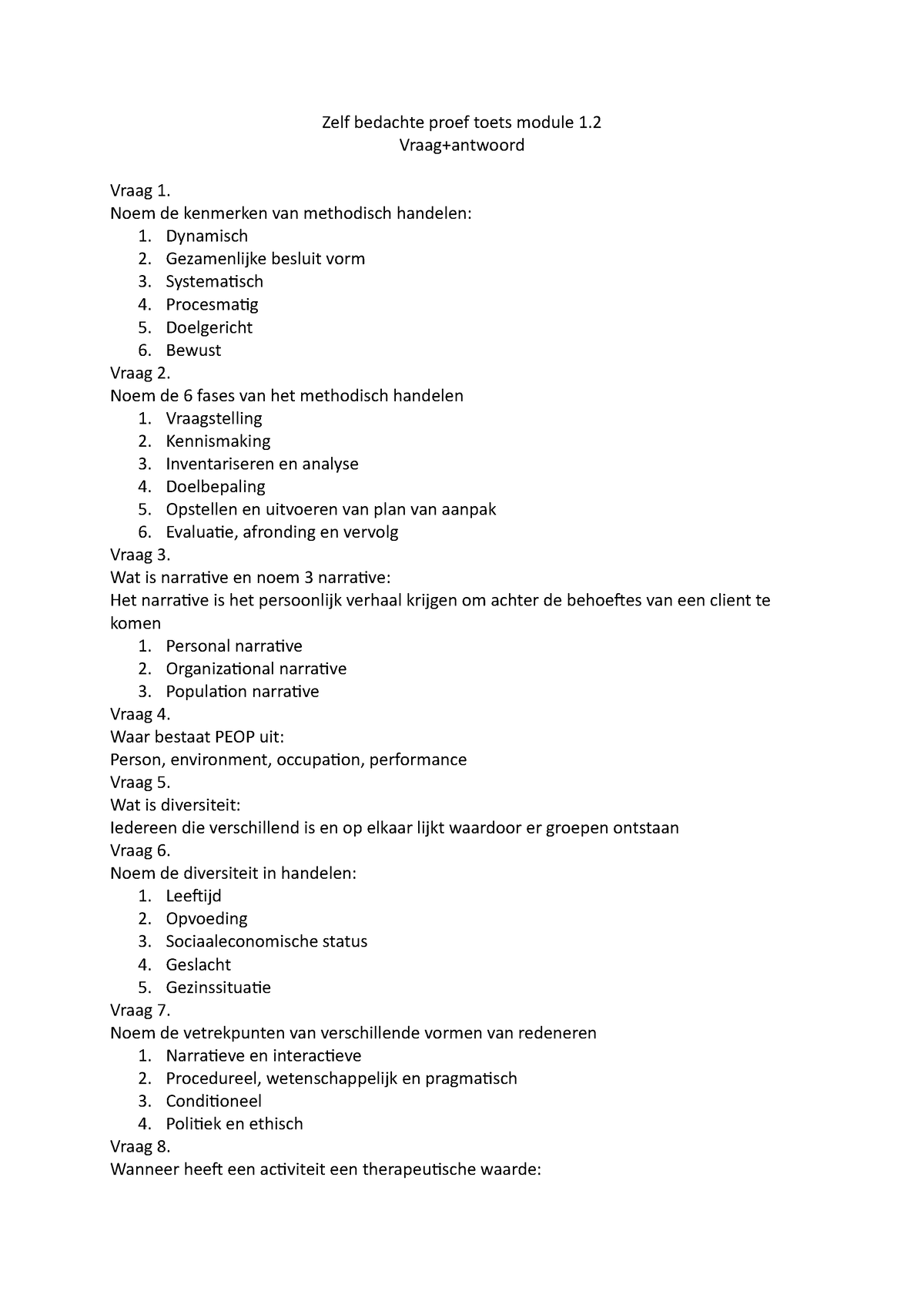 Proef Toets Module 1.2 Ergotherapie - Zelf Bedachte Proef Toets Module ...