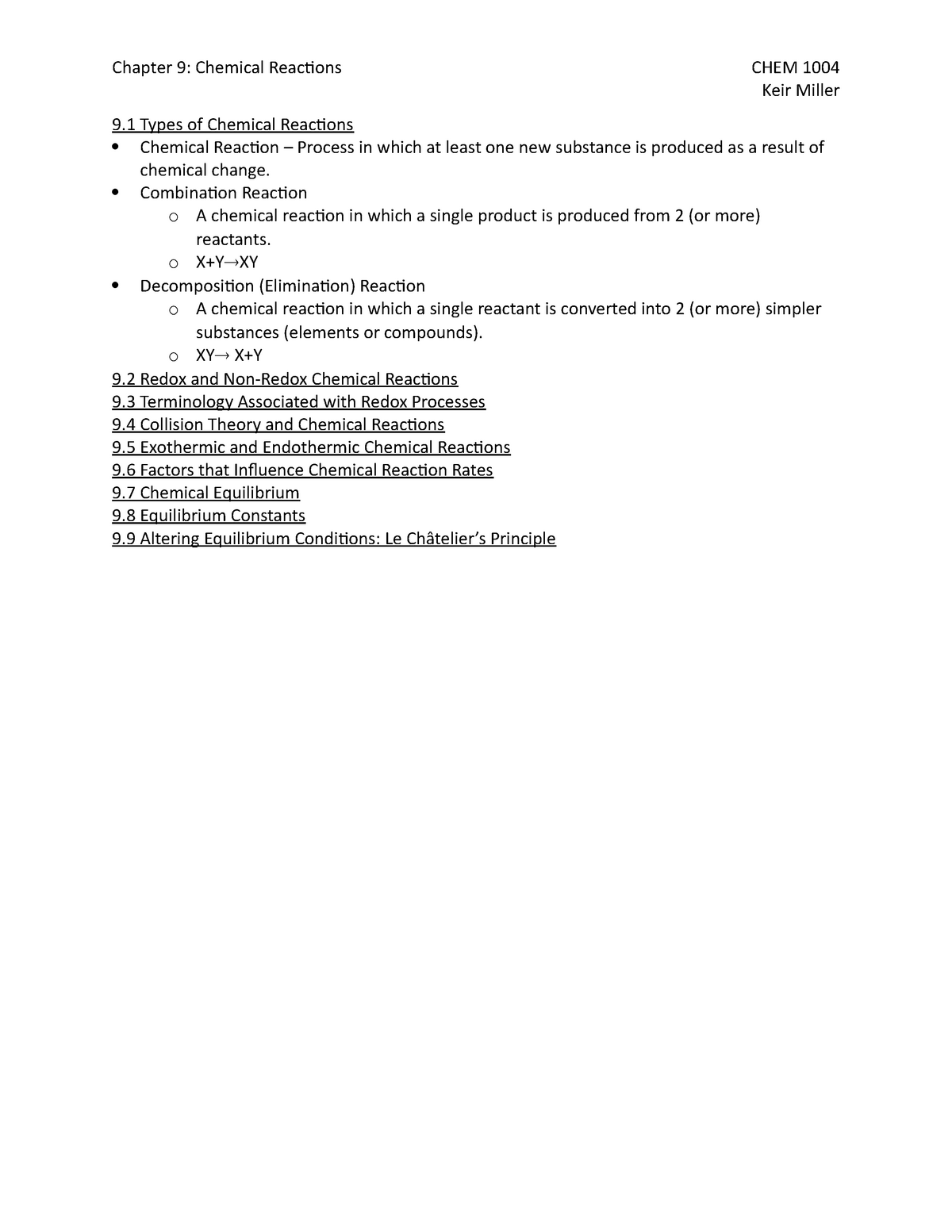 Chapter 3 Multiple Choice Practice Test Chapter 9 Chemical Reactions Chem 1004 Keir Miller 9 3164