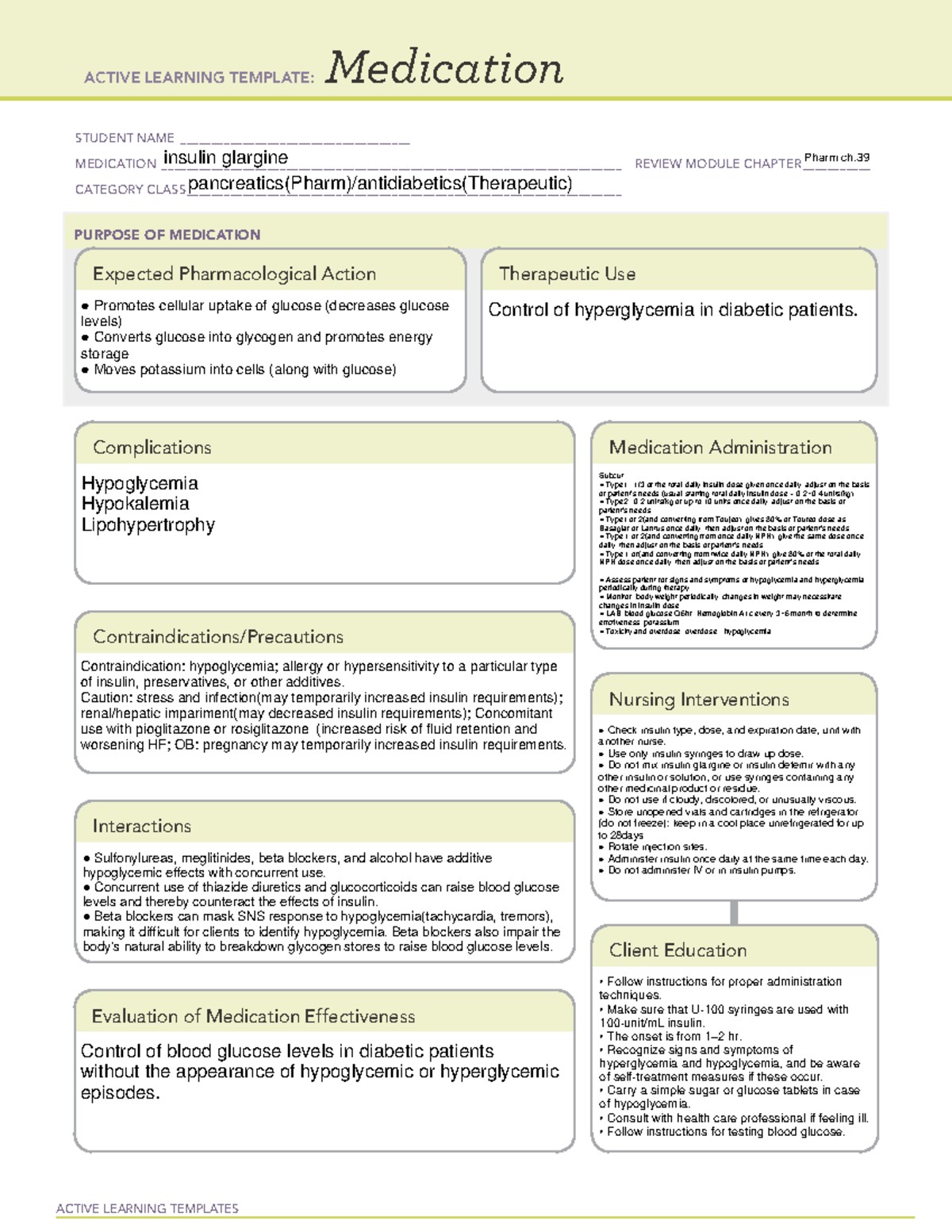 Medication Template Insulin Glargine Studocu