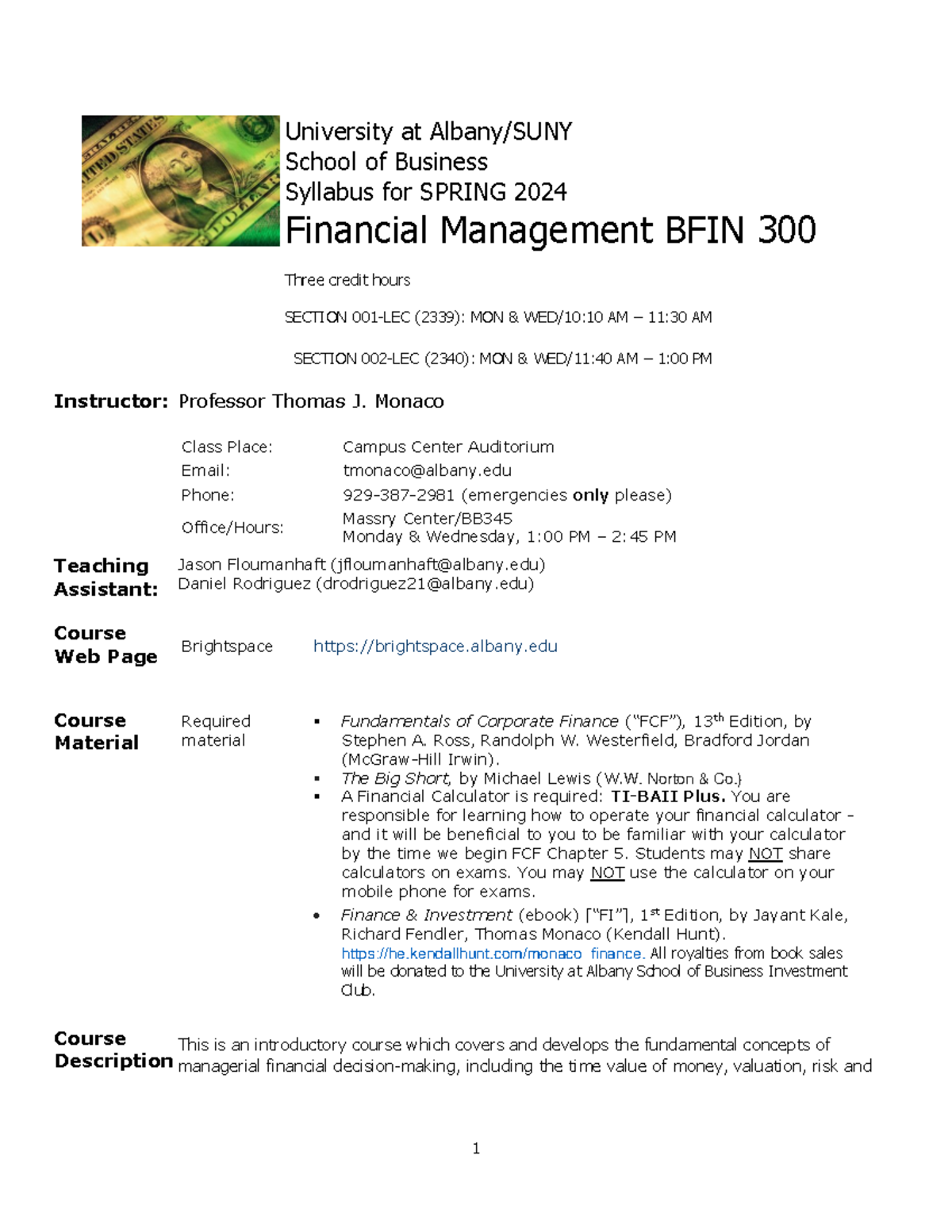 BFIN 300 Spring 2024 - Monaco Syllabus - University At Albany/SUNY ...