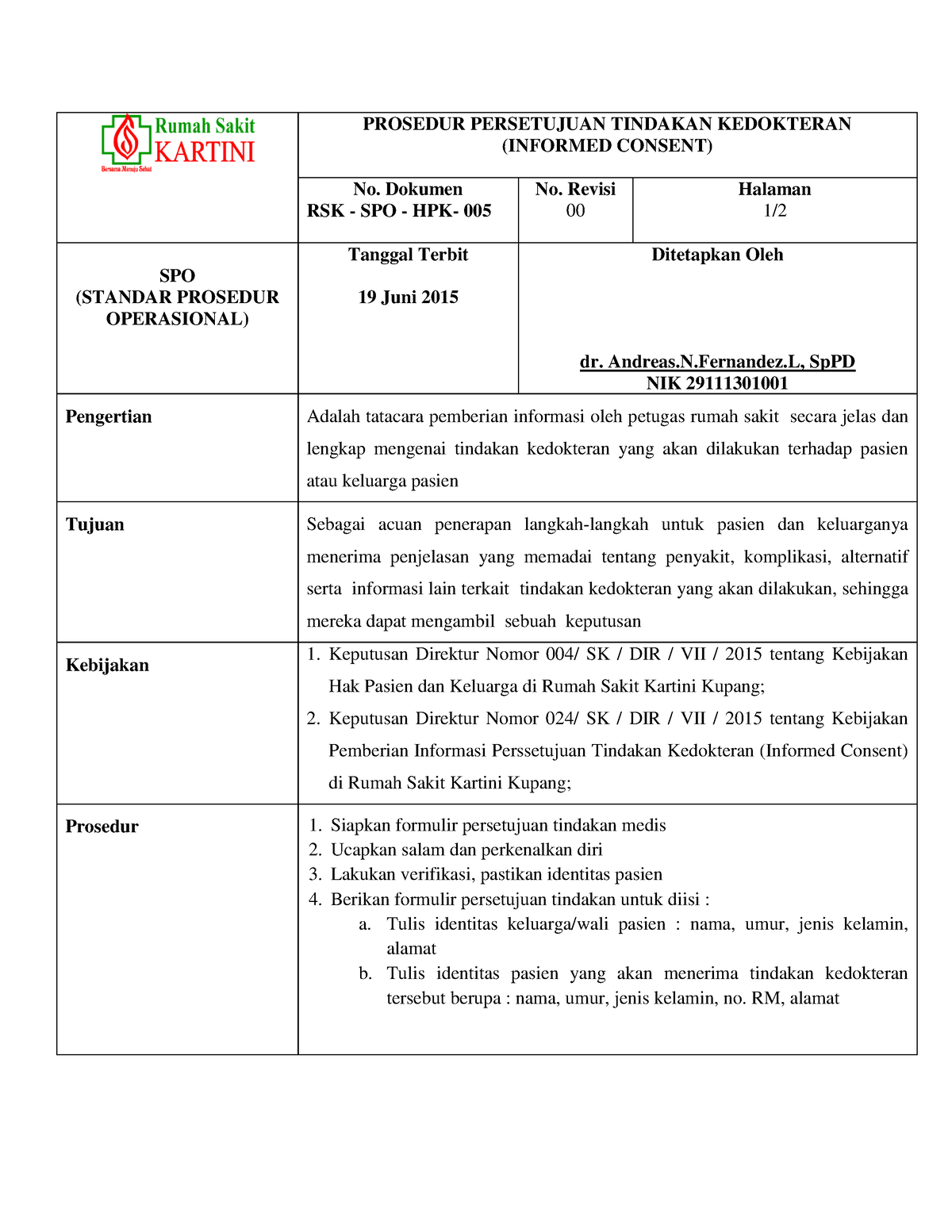 SPO Prosedur Informed Consent - PROSEDUR PERSETUJUAN TINDAKAN ...