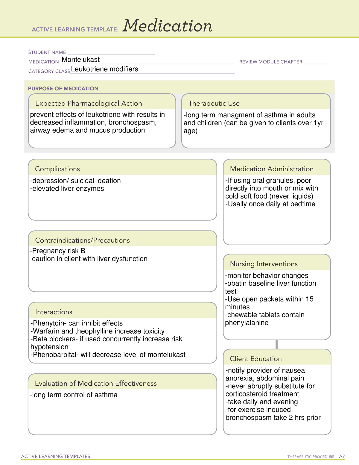 Medication Montelukast ACTIVE LEARNING TEMPLATES THERAPEUTIC 
