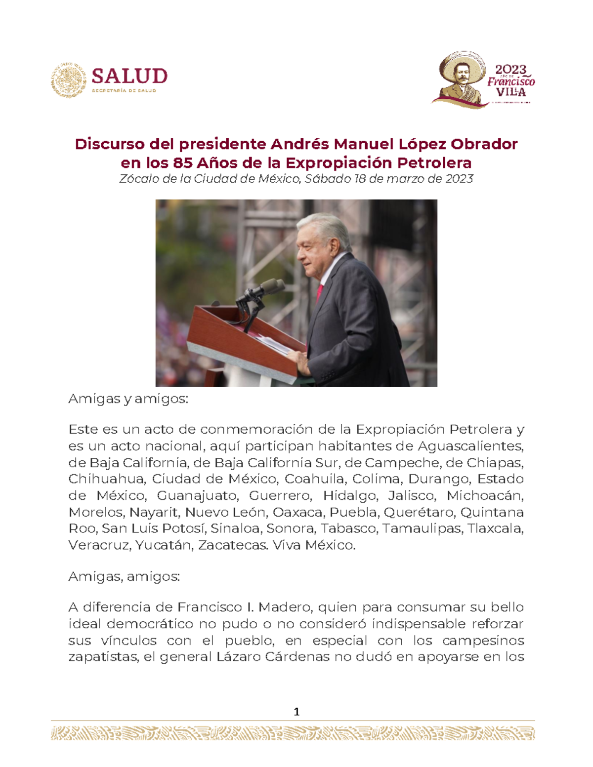 Discurso Del Presidente Andrés Manuel López Obrador En Los 85 Años De ...