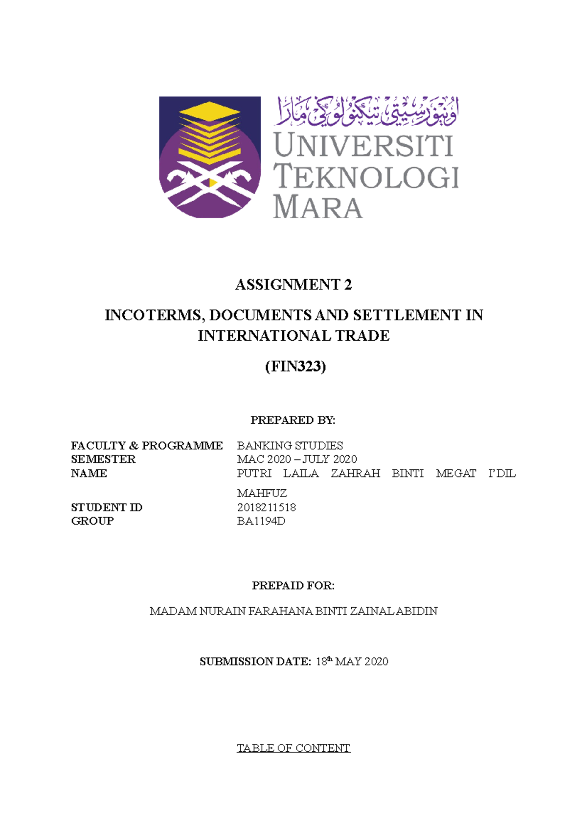 Assignment 2 - INCOTERMS, DOCUMENTS AND SETTLEMENT IN INTERNATIONAL ...