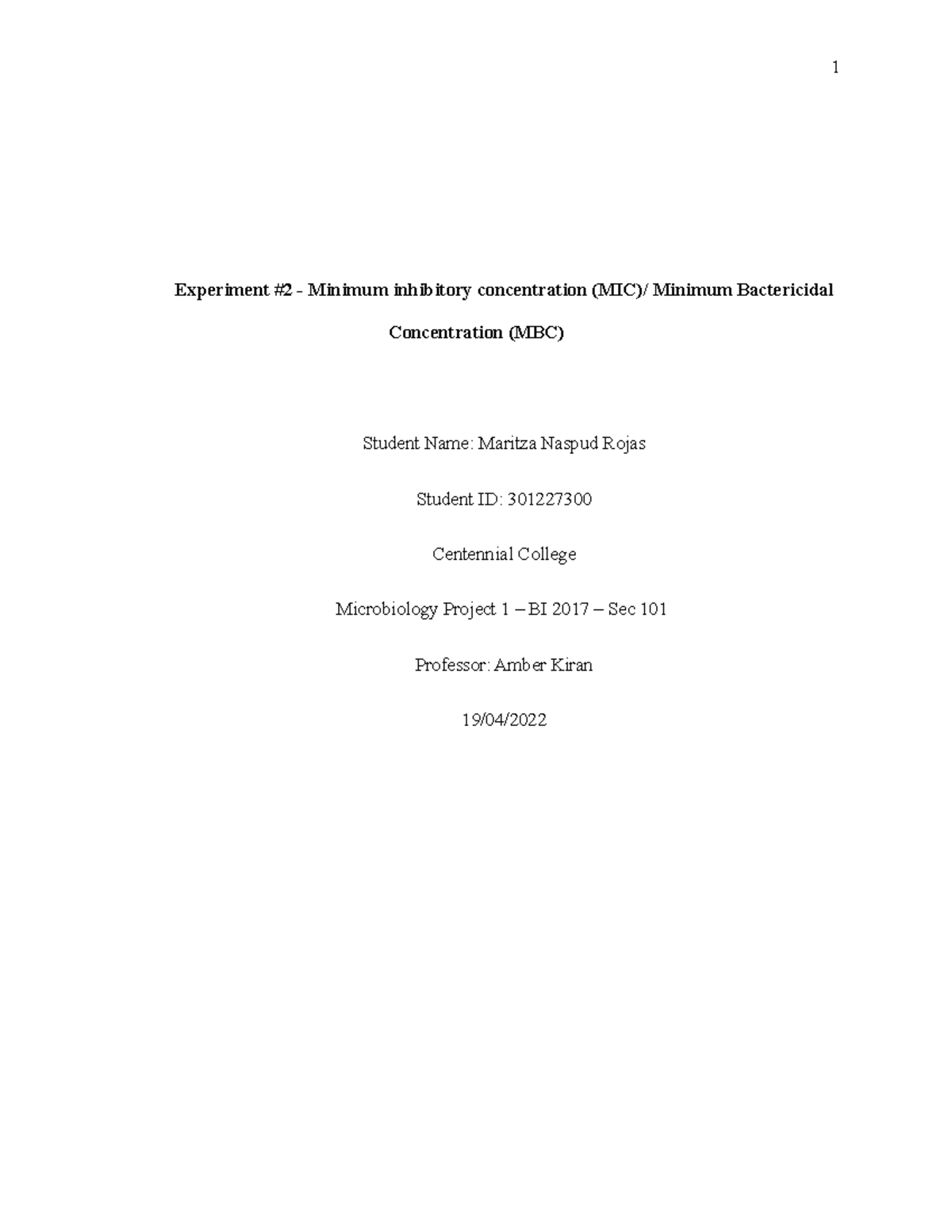 Experiment #2 - Experiment #2 - Minimum inhibitory concentration (MIC ...