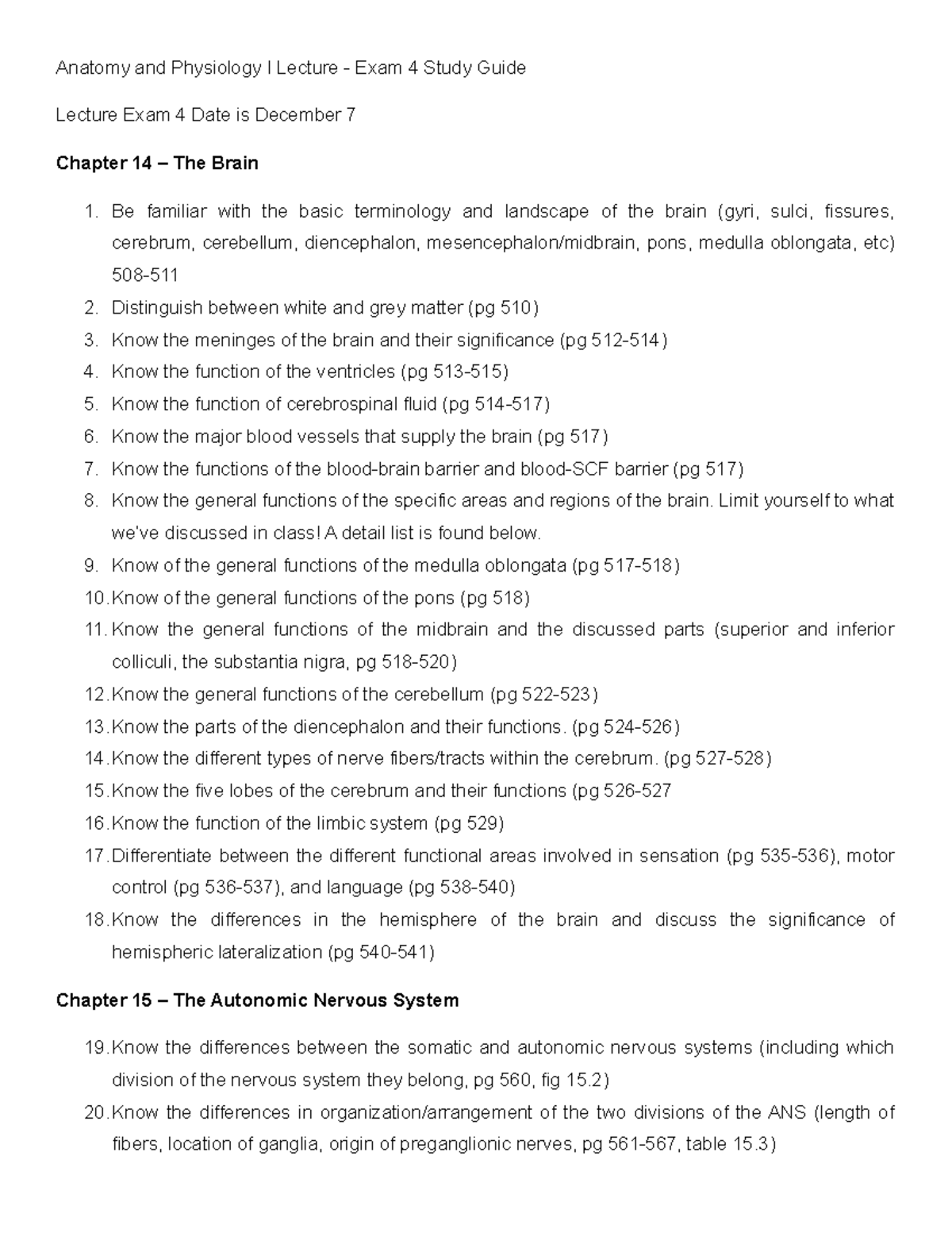 Exam 4 Study Guide - Anatomy and Physiology I Lecture - Exam 4 Study ...