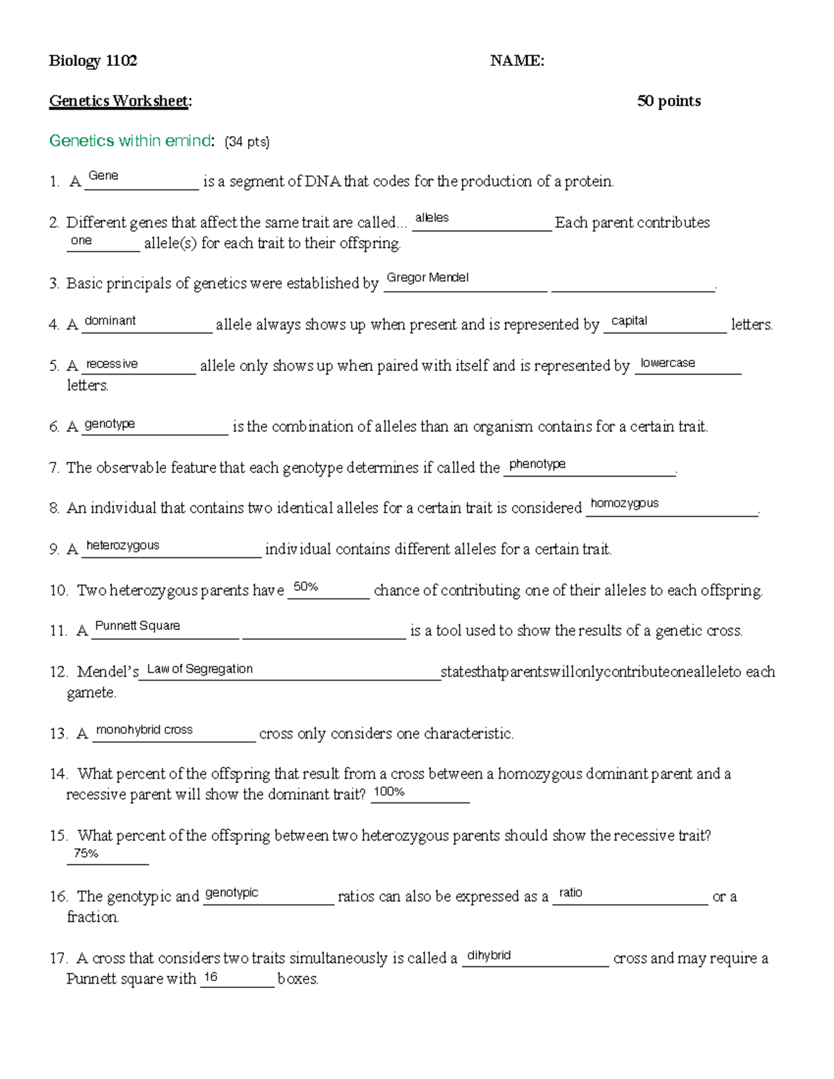Genetics Worksheet Bio 1102 - Biology 1102 NAME: Genetics Worksheet: 50 ...