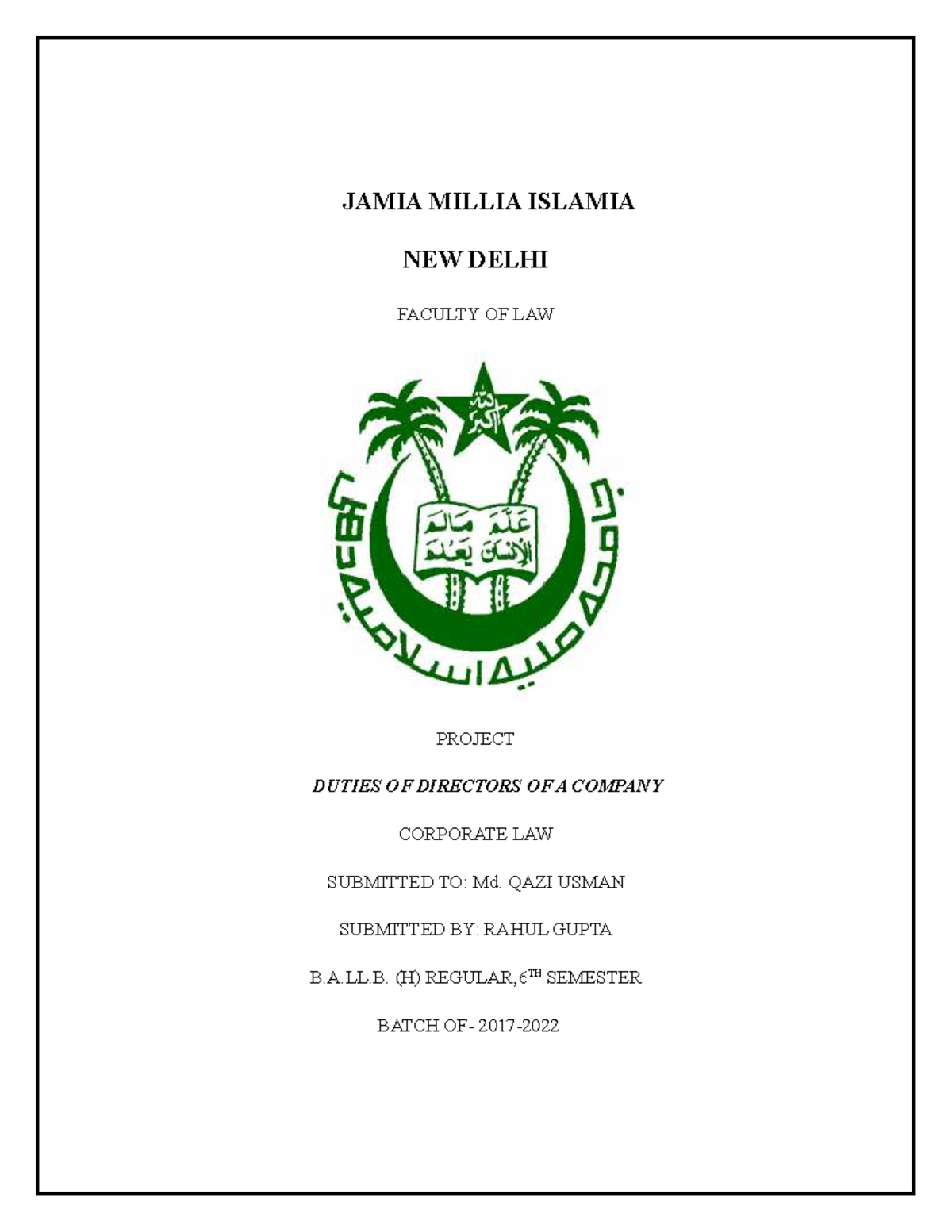 jamia millia islamia assignment cover page