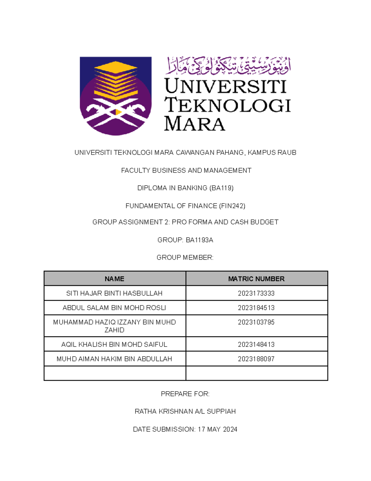 Fin242 G2 Universiti Teknologi Mara Cawangan Pahang Kampus Raub
